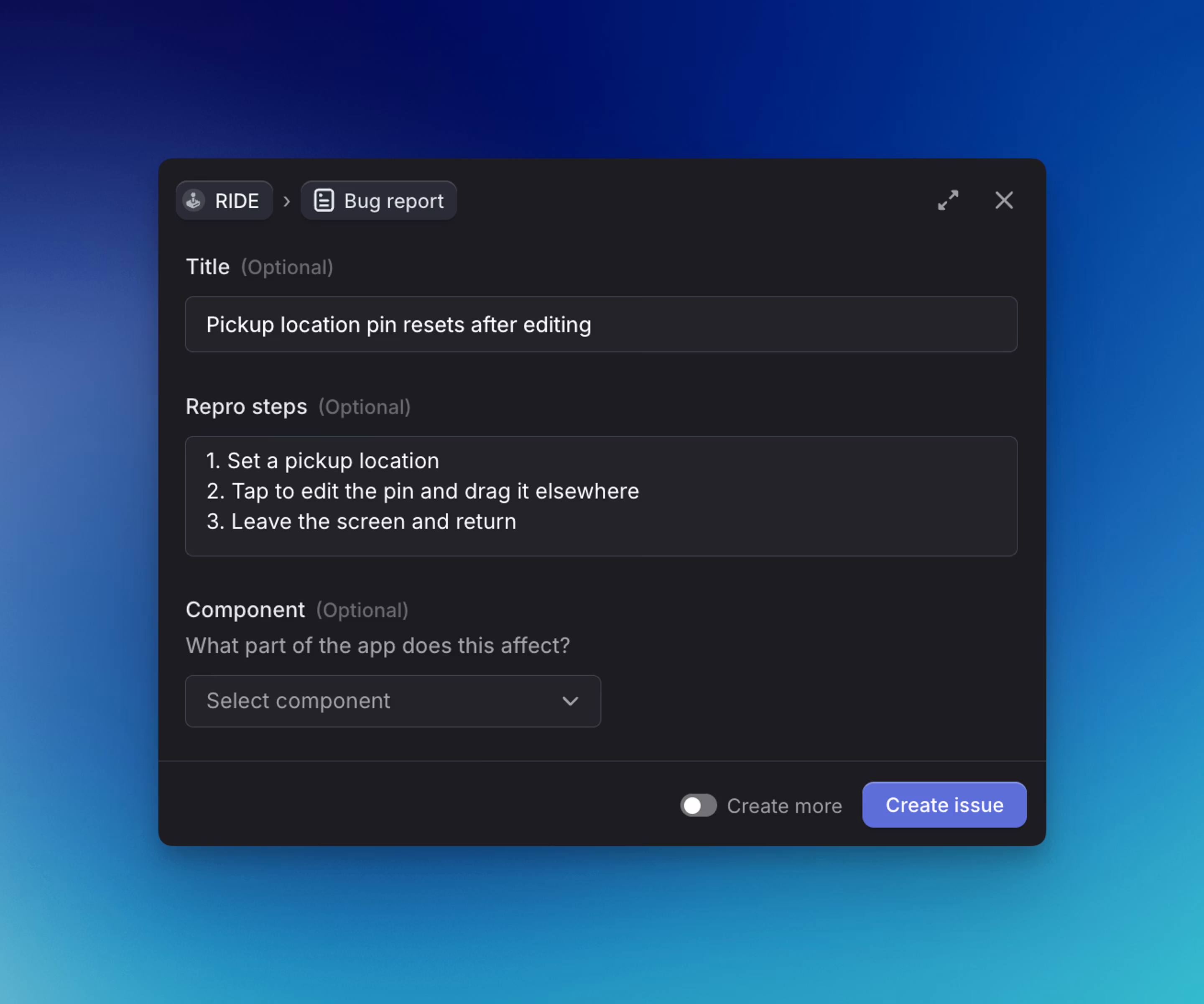 Form template exposed in the issue composer with fields title, repro steps, component