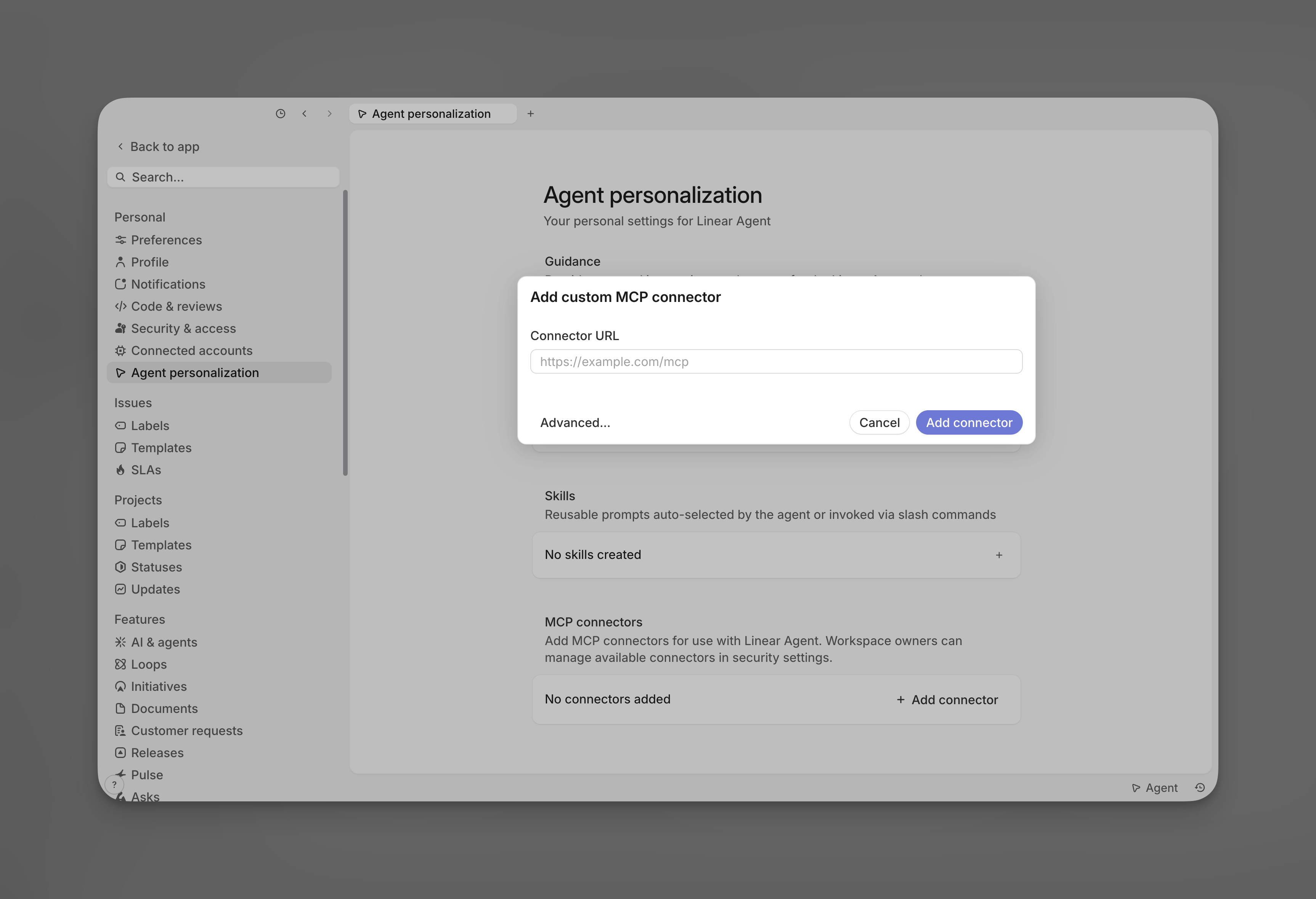 Add custom MCP connector dialog with a blank Connector URL field, Advanced options, Cancel, and Add connector buttons