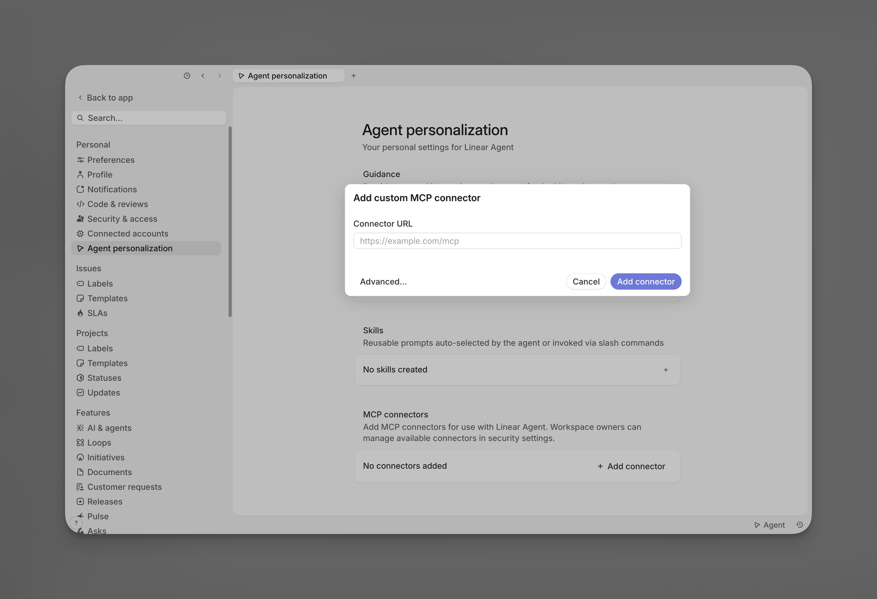 Add custom MCP connector dialog with a blank Connector URL field, Advanced options, Cancel, and Add connector buttons