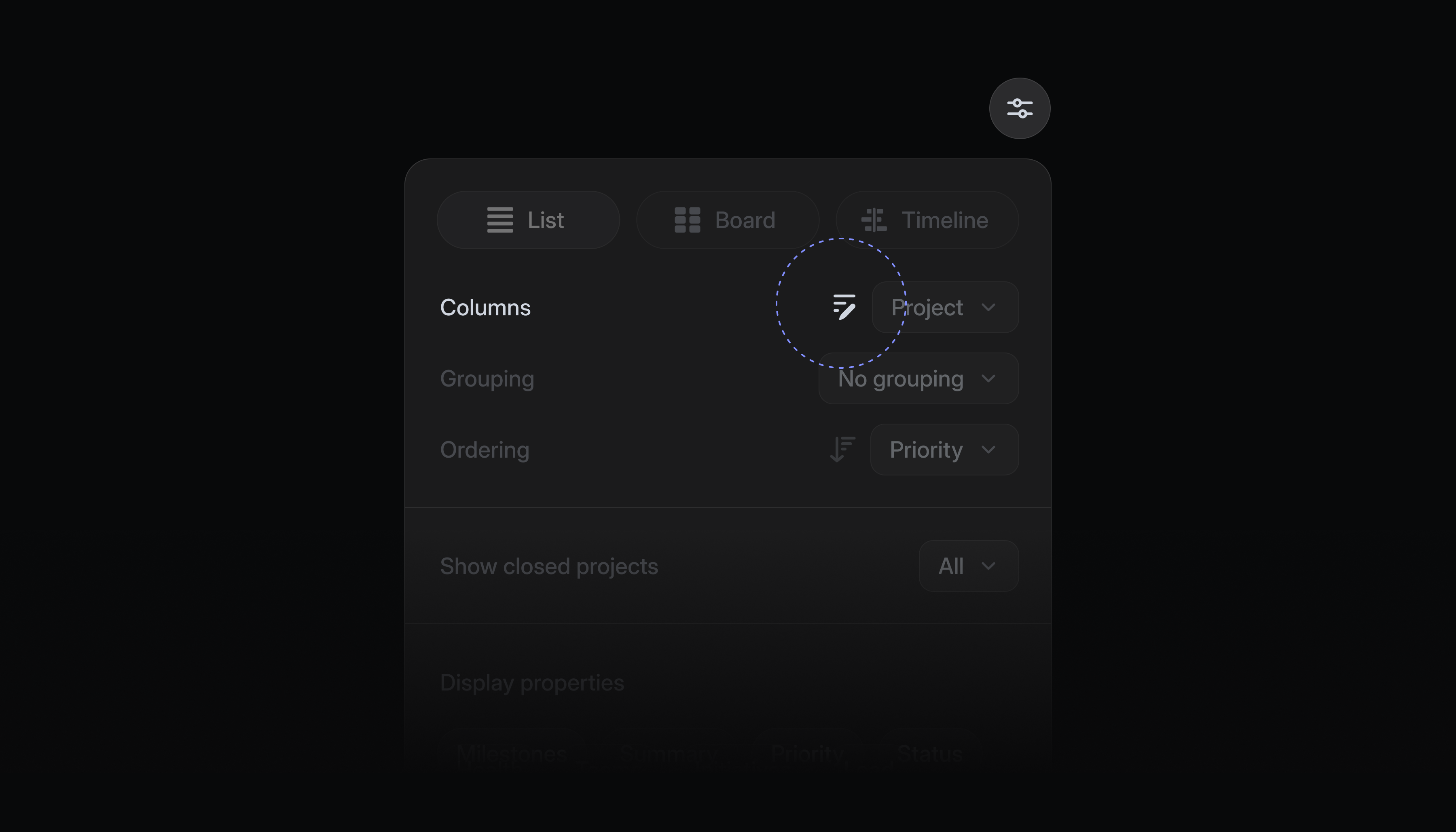 New icon left of  ordering in Display Options on a view that lets you control how swimlanes are ordered.