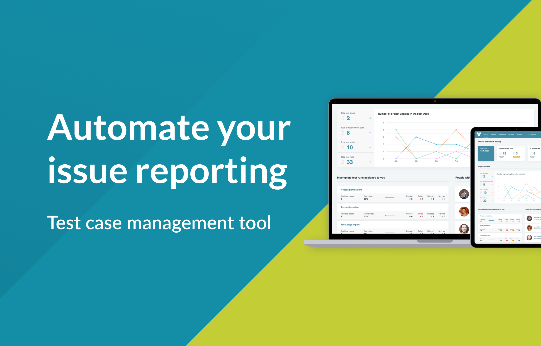 Image reads "Automate your issue reporting" and shows interface of Testlodge