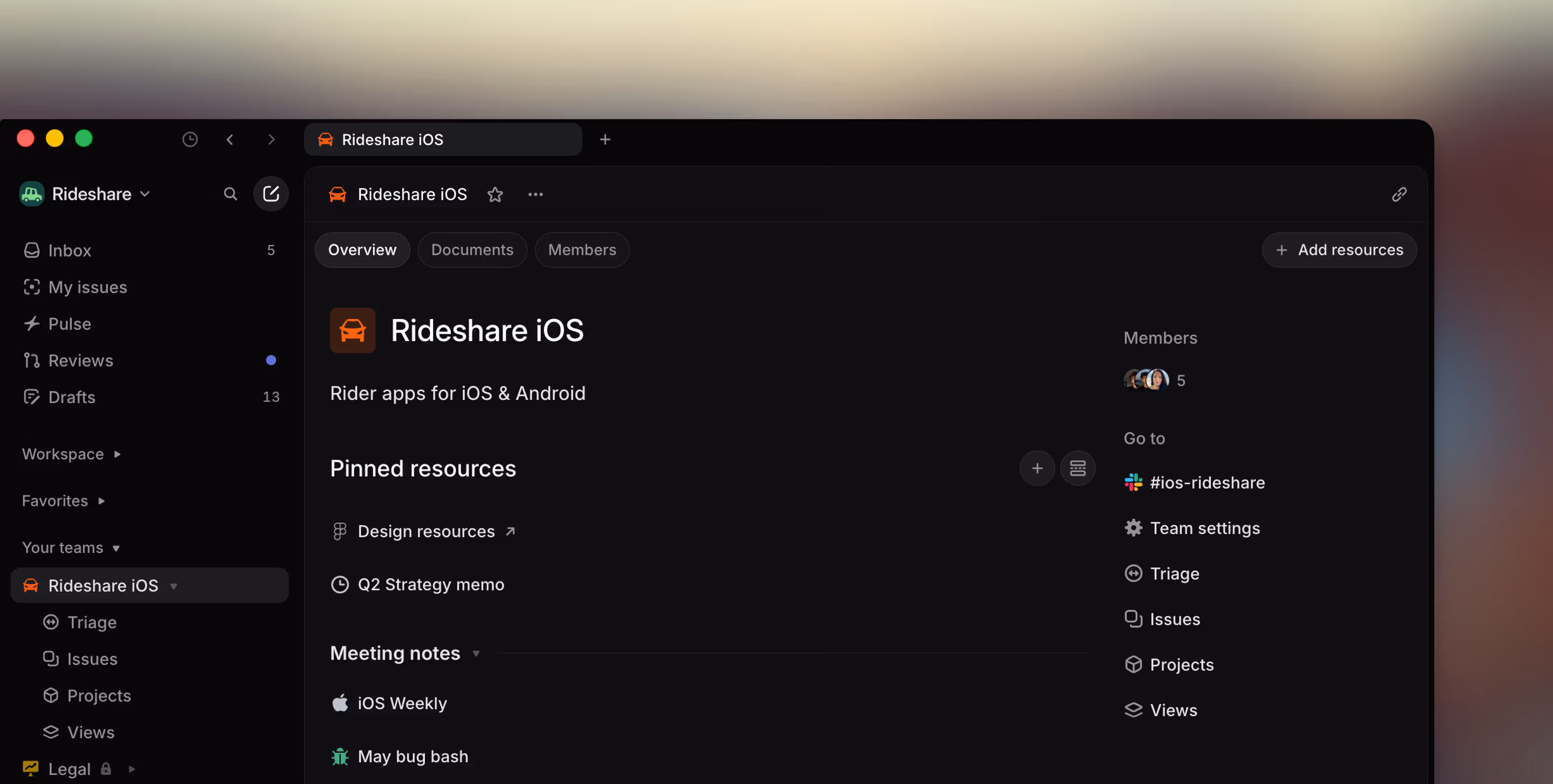 Linear app showing the default views