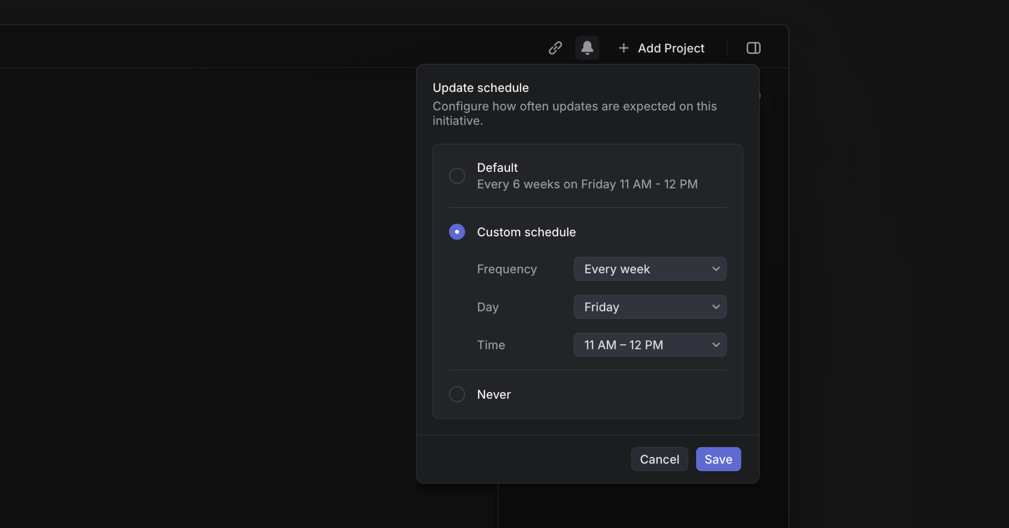 When setting a schedule for a project or initiative update, you see options to use the workspace's default frequency of once every 6 weeks between 11am-12pm, or to build a custom schedule where you choose the frequency, day of the week, and time that the update should be posted