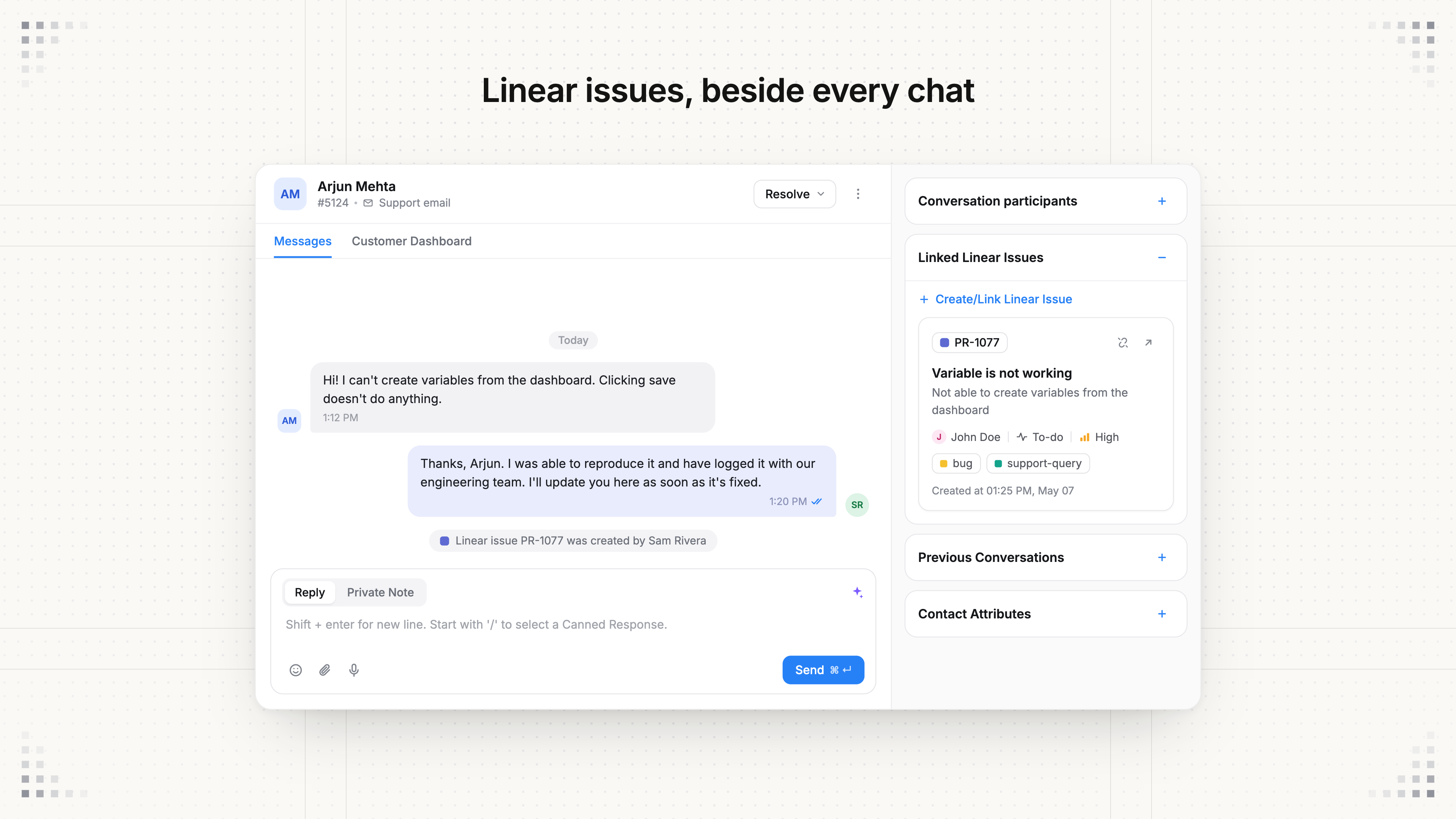 showing a Linear issue in chatwoot