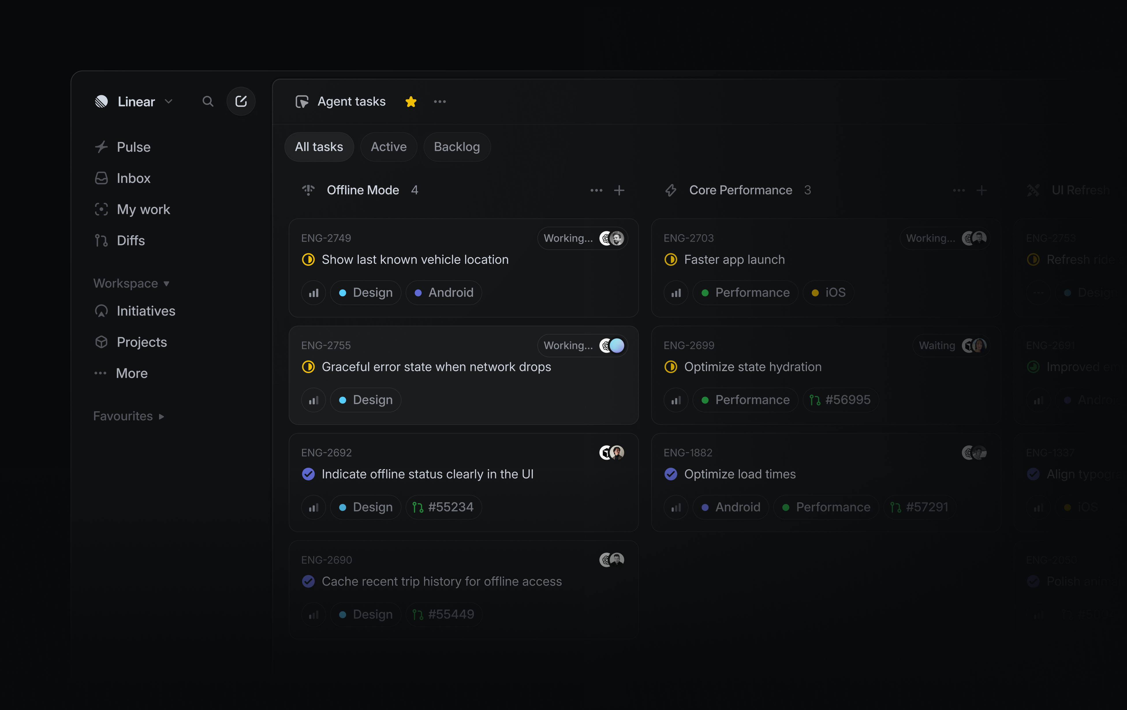 Dark-themed Linear workspace showing an “Agent tasks” board with task cards organized into columns such as Offline Mode and Core Performance, with filters, labels, assignees, and issue IDs visible.