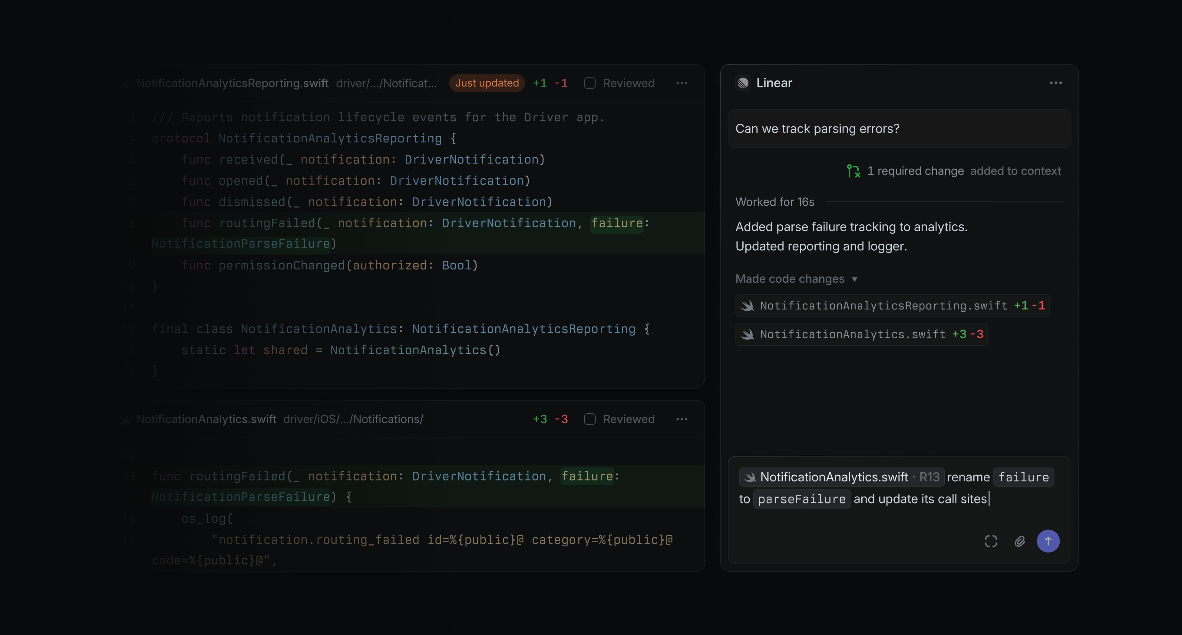 Linear UI showing a code change being made with Linear Agent.