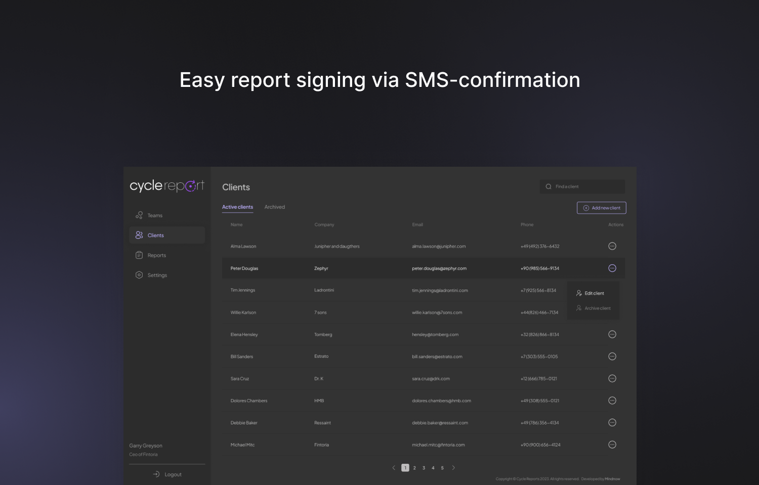 Cycle report interface showing option for report signing via SMS-confirmation