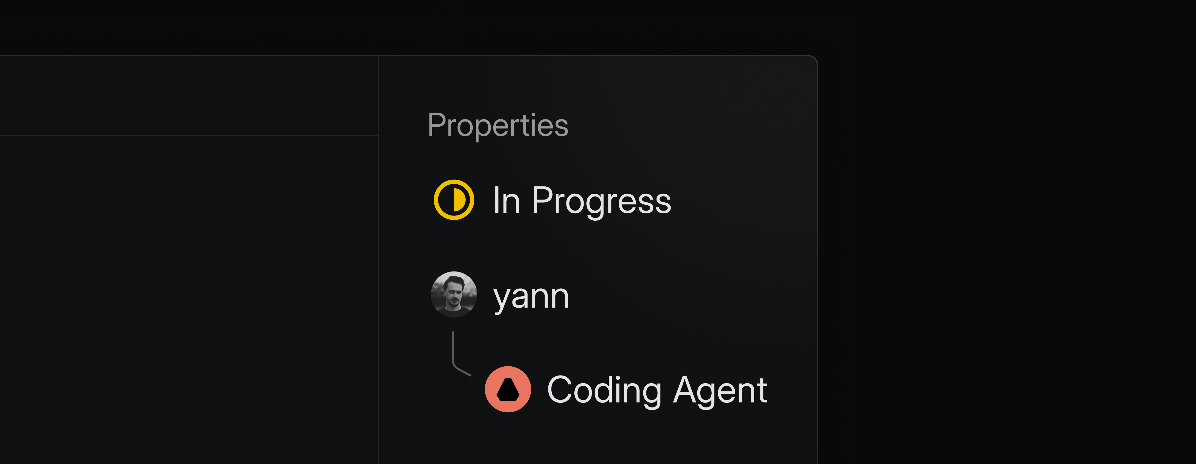 Dark UI panel showing issue properties: status “In Progress,” assigned to “yann,” with a linked Coding Agent beneath