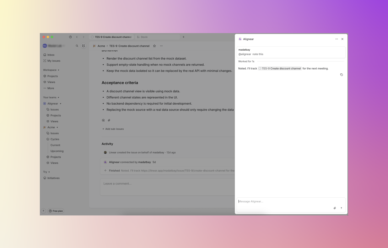 mentioning alignear to take notes from Linear