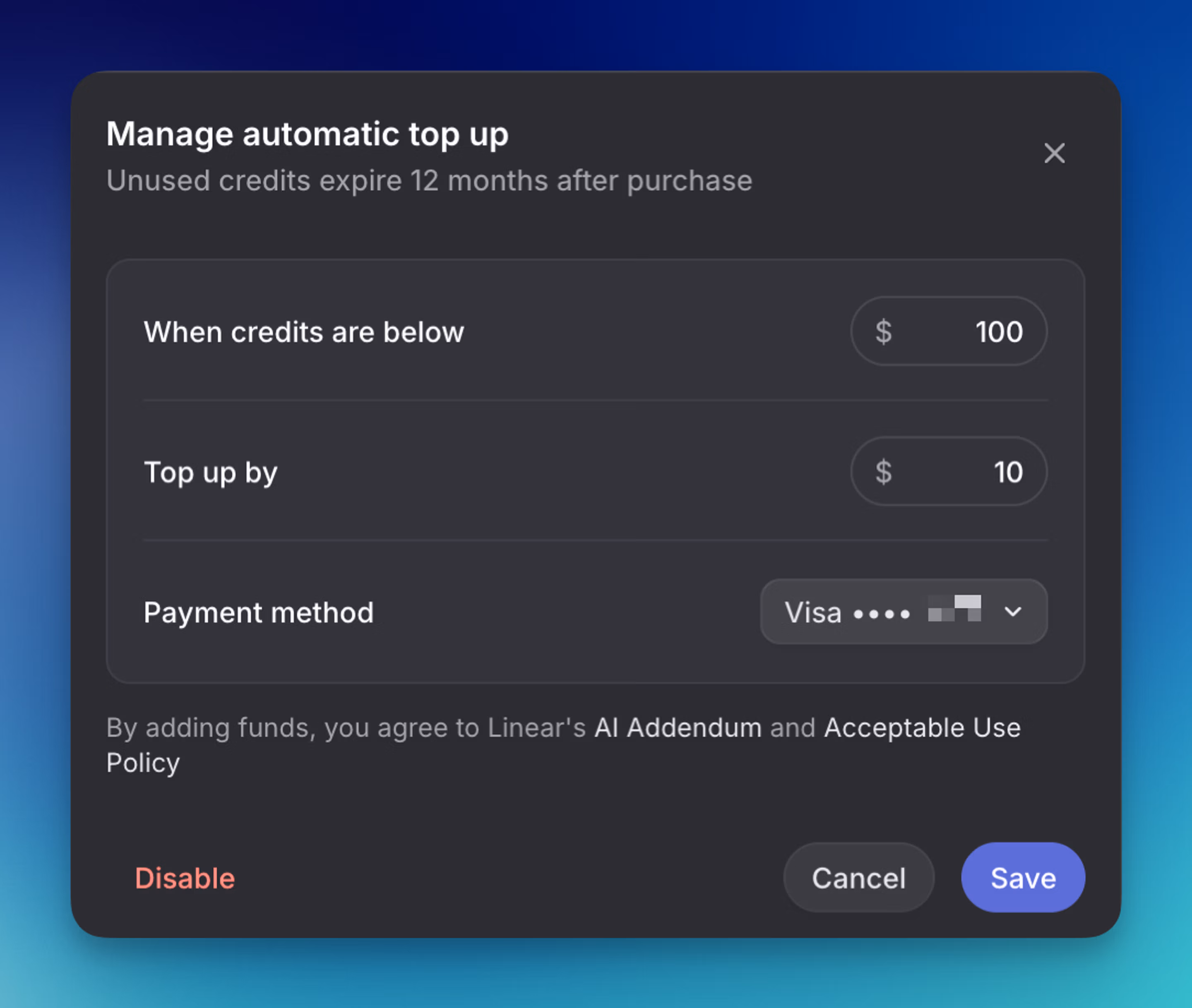 Manage automatic top-ups