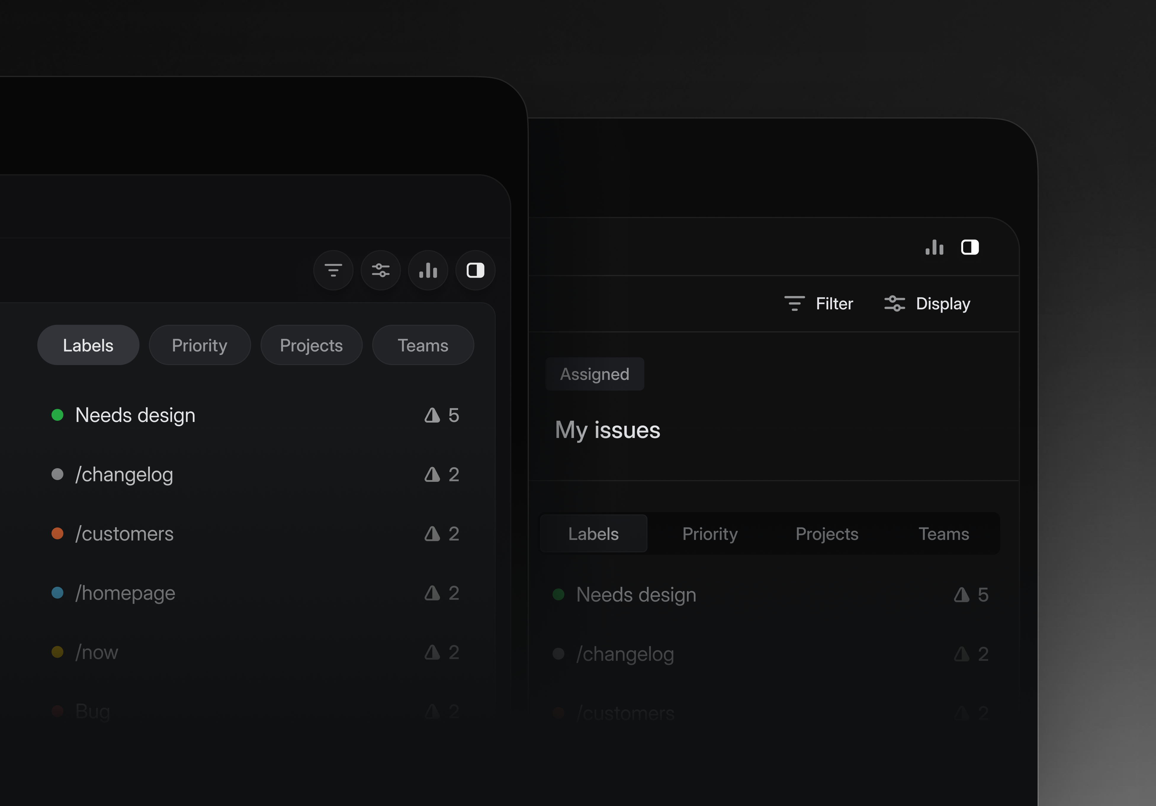 Side-by-side comparison of a dark interface showing softer borders and subtler visual separation in the updated design.