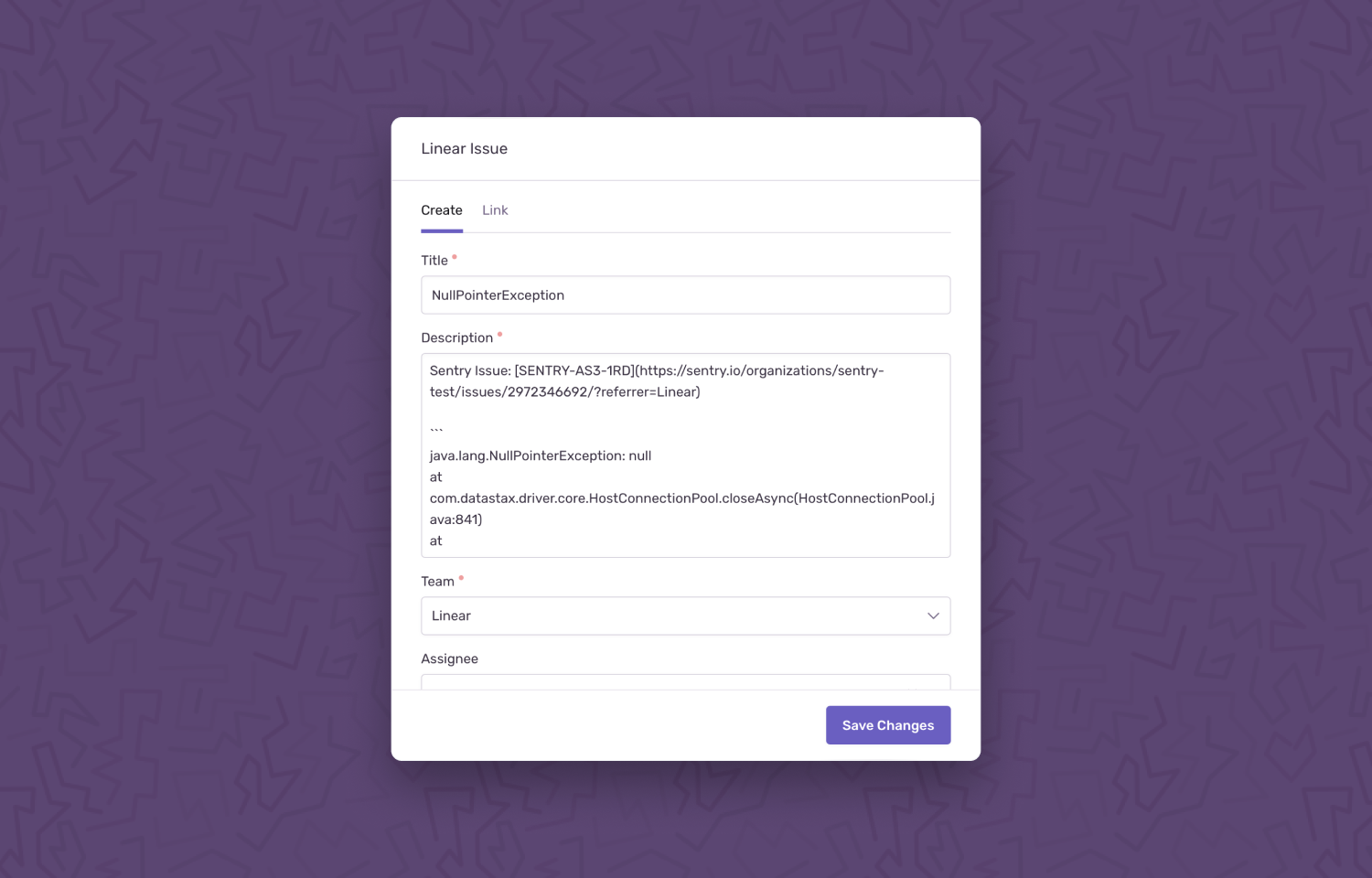 Creating a new Linear issue titled "NullPointerException" from Sentry's integration dialog