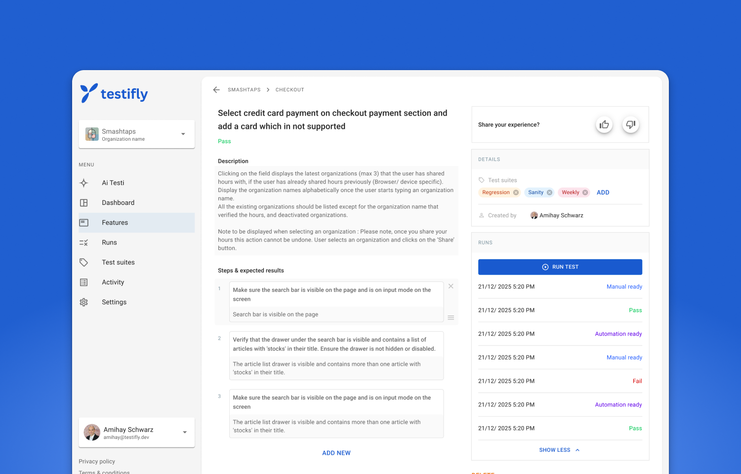 testifly running a test