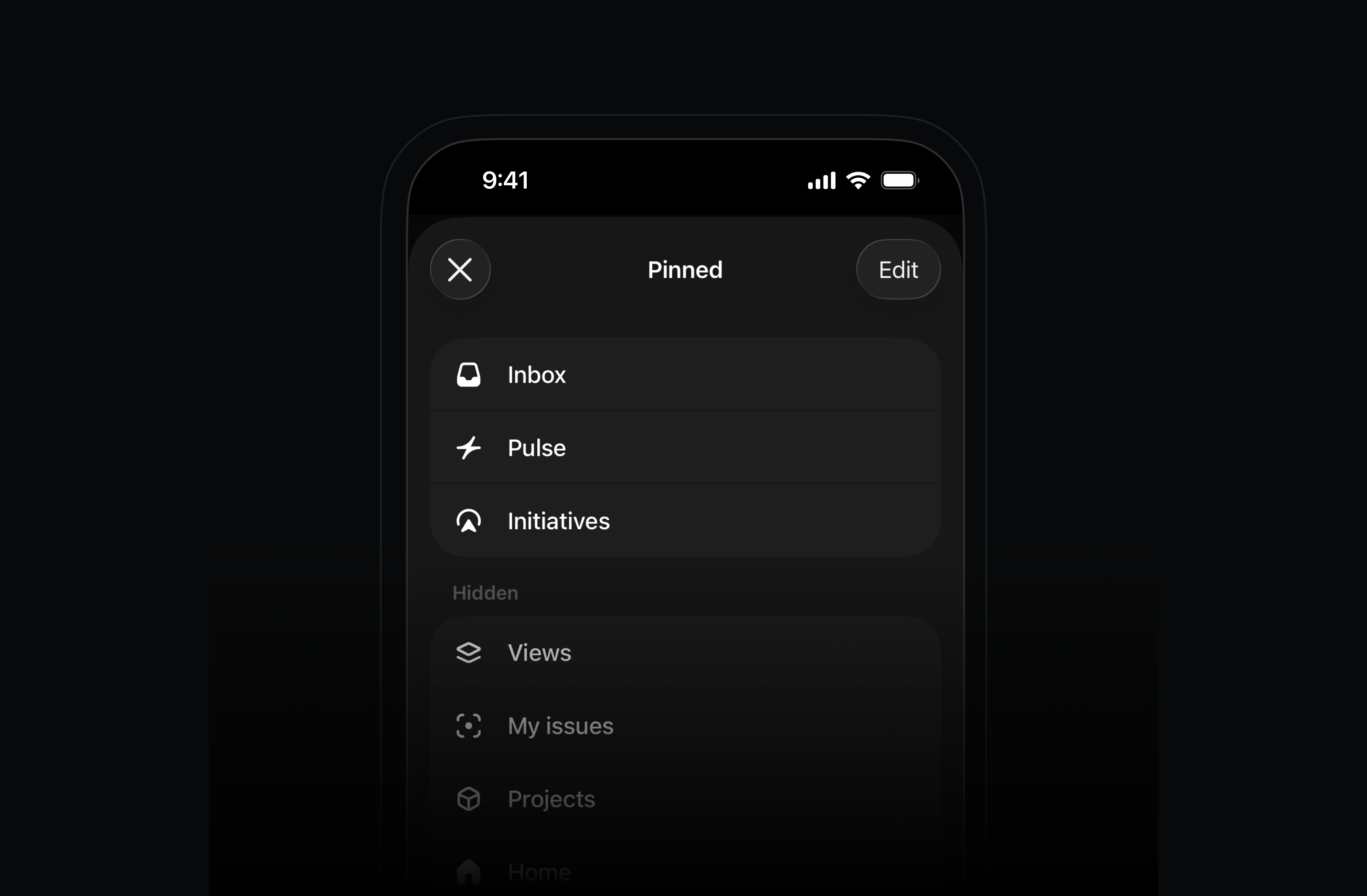 Linear mobile app showing the “Pinned” menu, with Inbox, Pulse, and Initiatives pinned at the top, plus Edit and Close buttons.