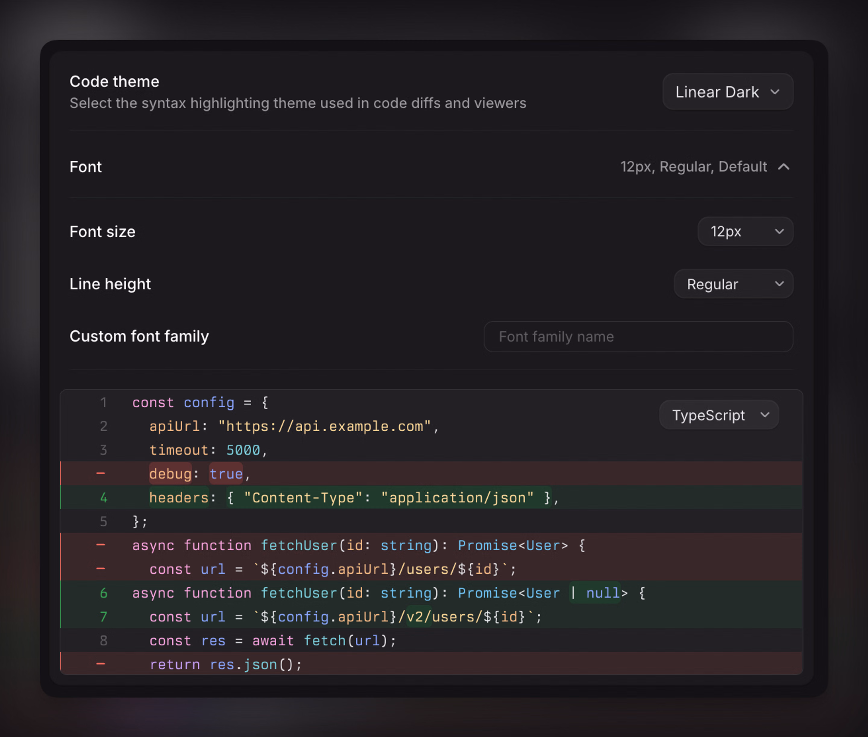 Code theme settings in Linear