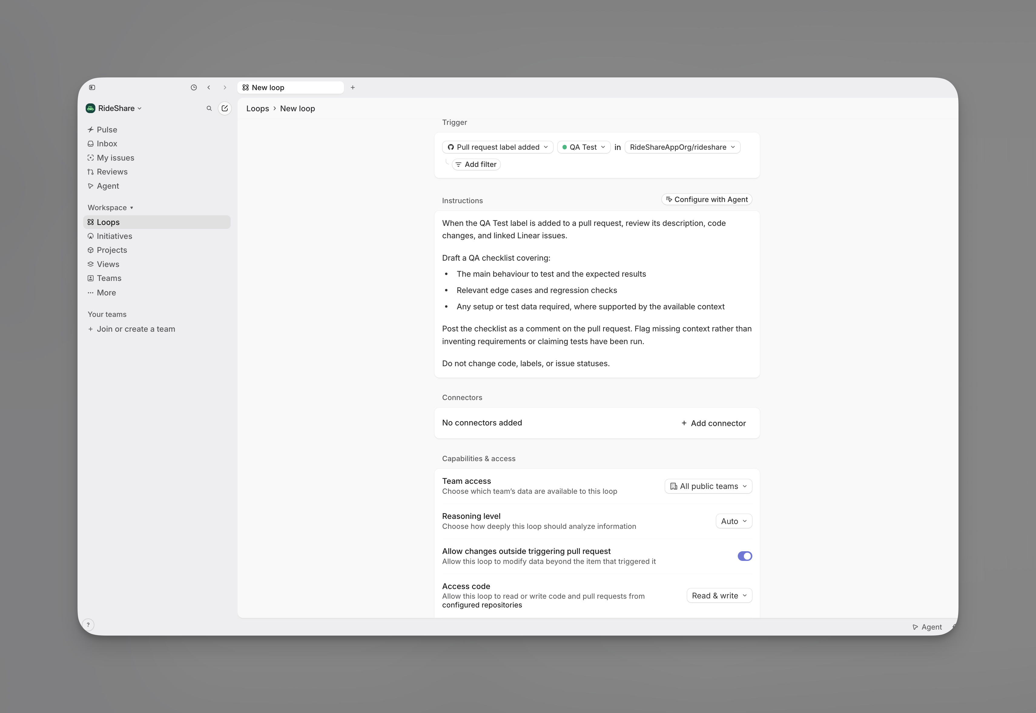 Loop configured to draft a QA checklist when the QA Test GitHub label is added to a pull request