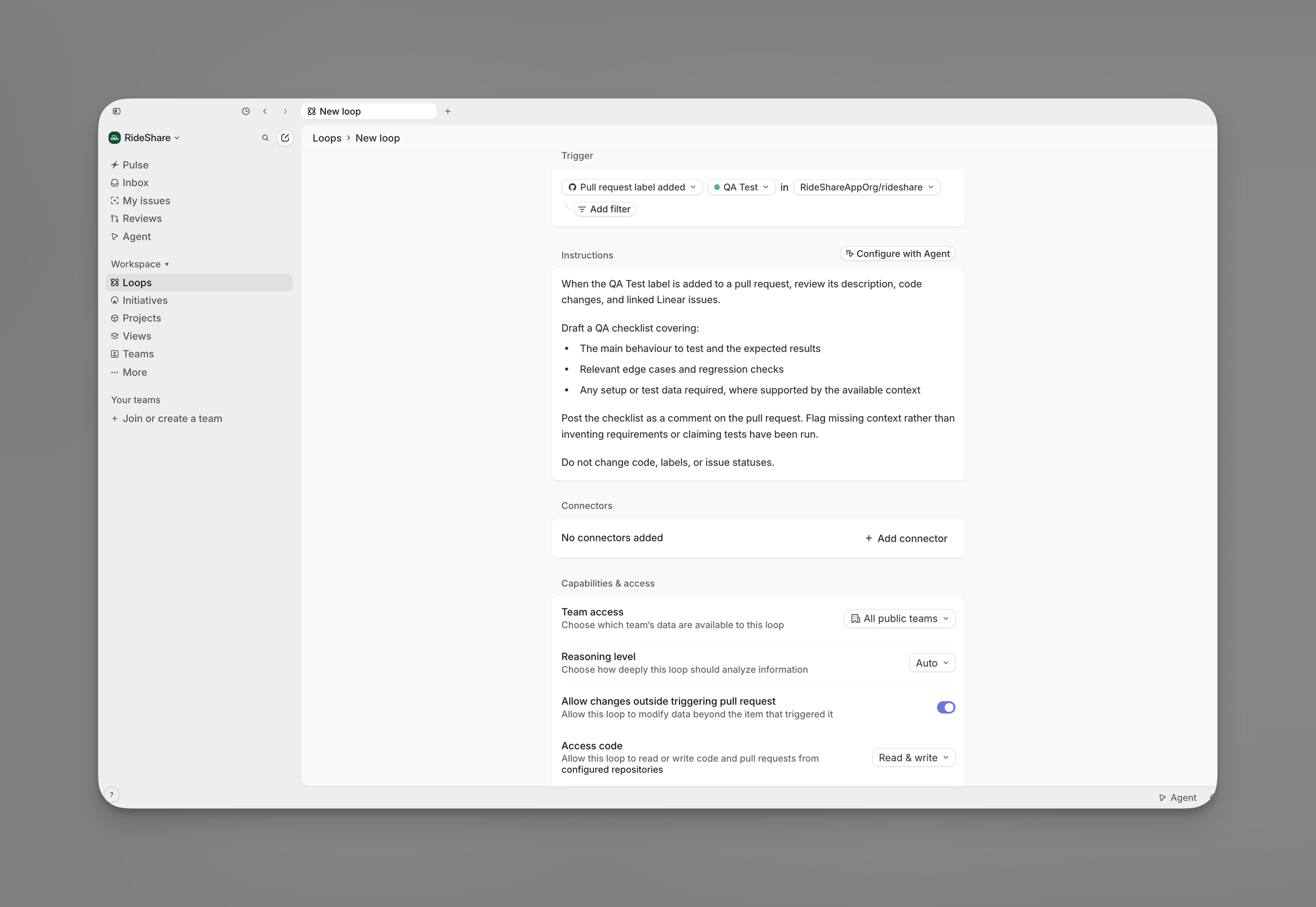 Loop configured to draft a QA checklist when the QA Test GitHub label is added to a pull request