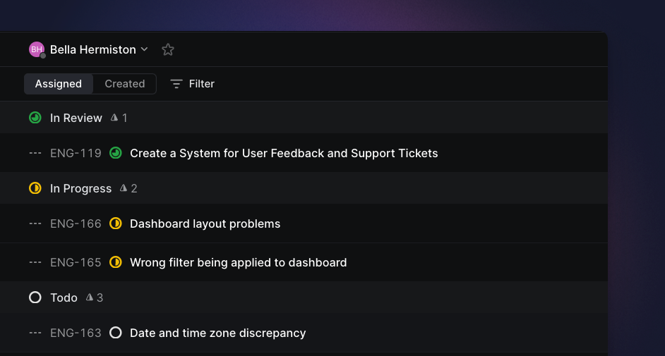 Image showing all the issues assigned to a particular team member in Linear which are displayed after clicking into their profile.