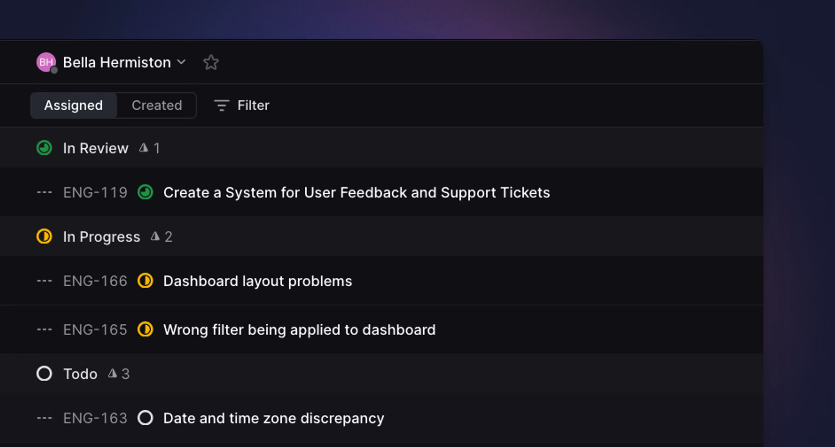 Image showing all the issues assigned to a particular team member in Linear which are displayed after clicking into their profile.