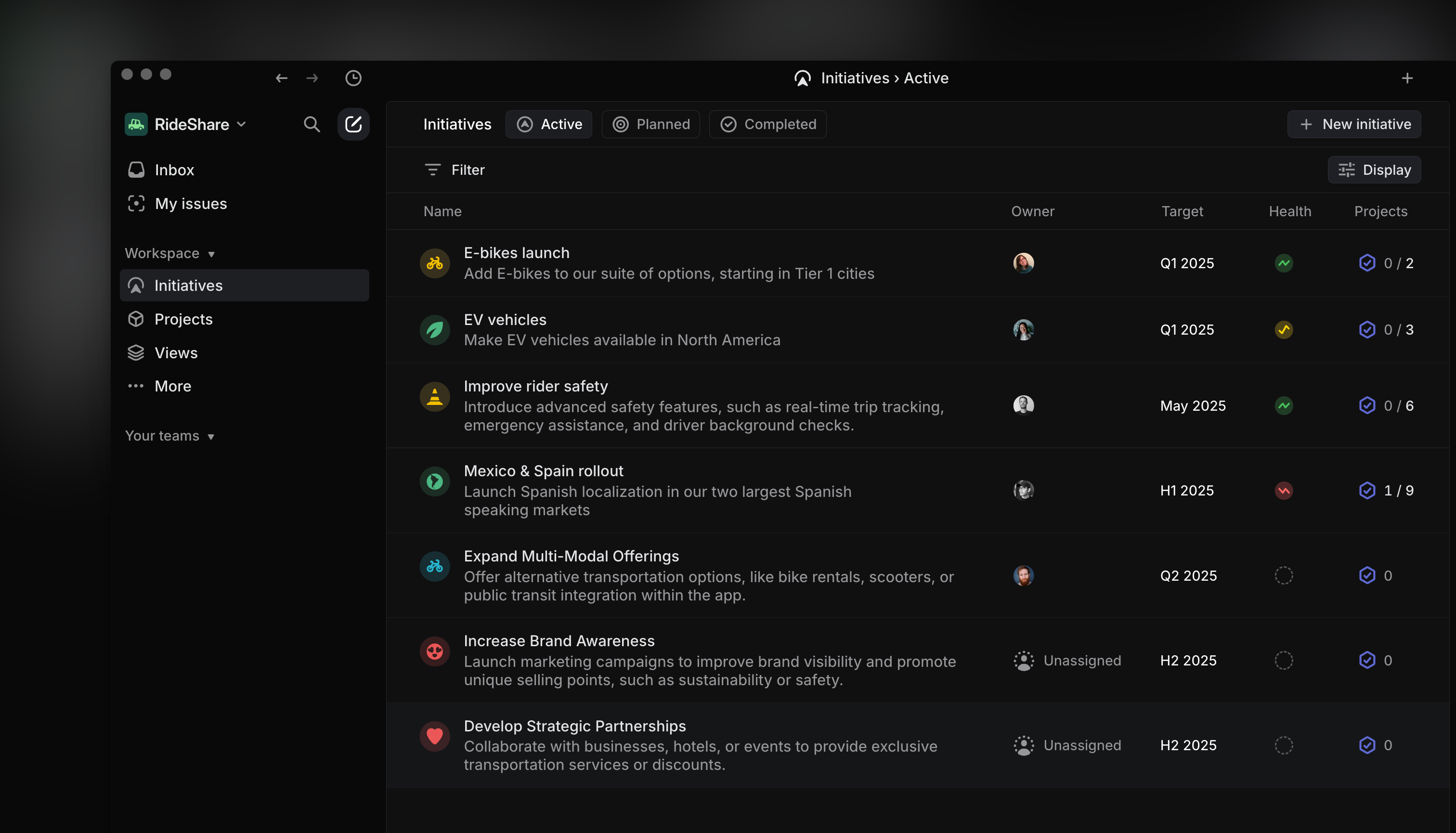 Initiatives on a Linear workspace called RideShare