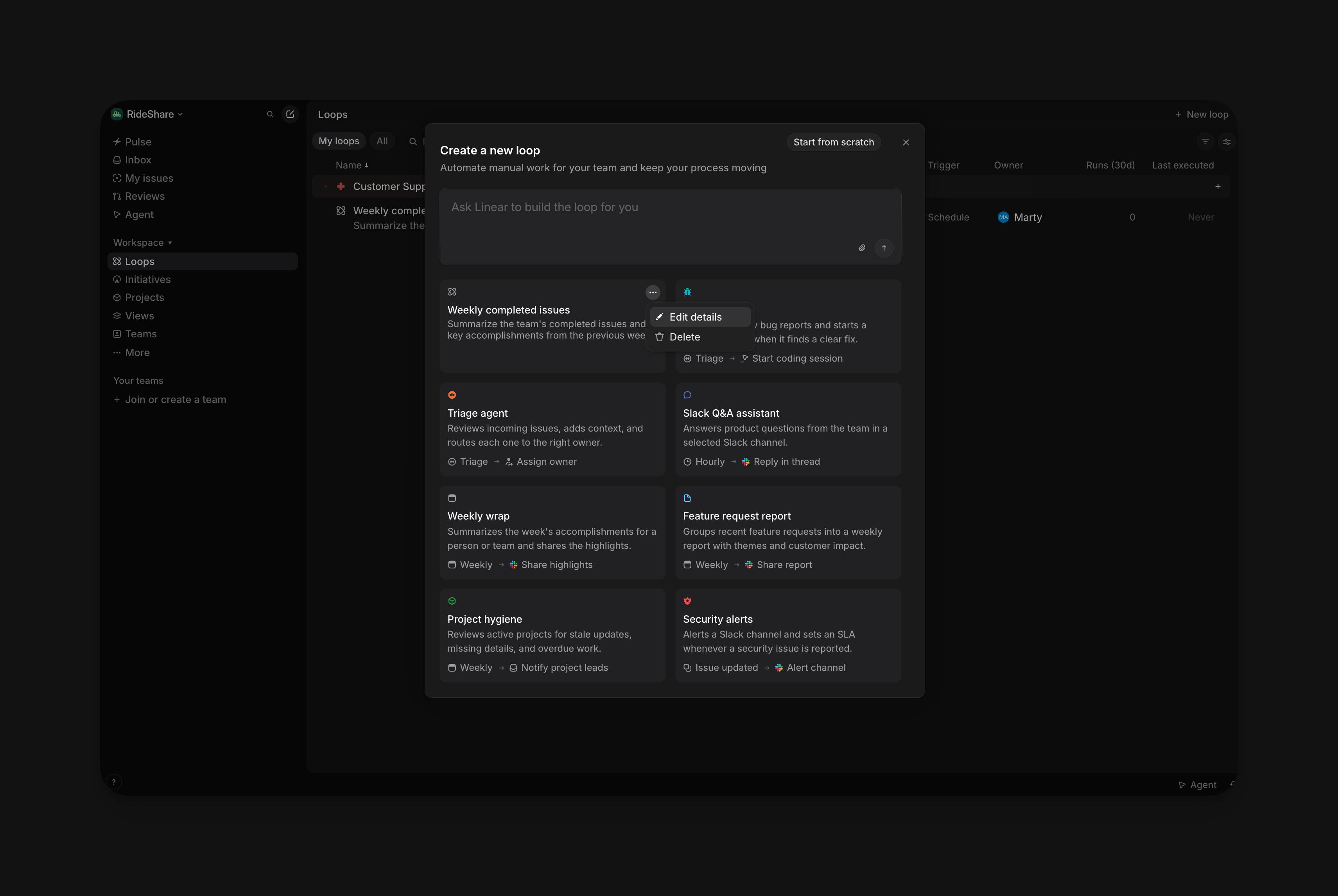 Weekly completed issues template card with a menu showing Edit details and Delete