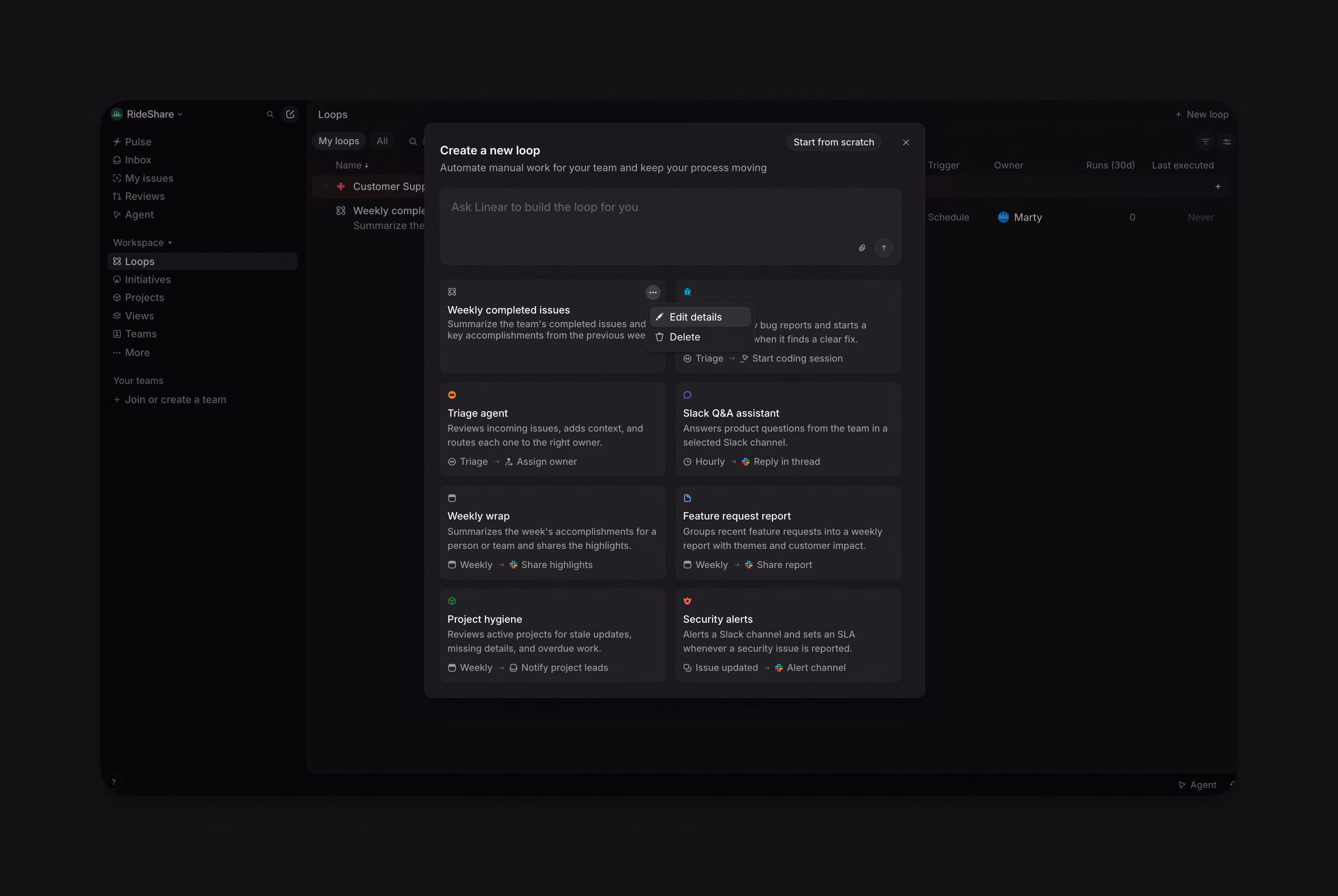 Weekly completed issues template card with a menu showing Edit details and Delete
