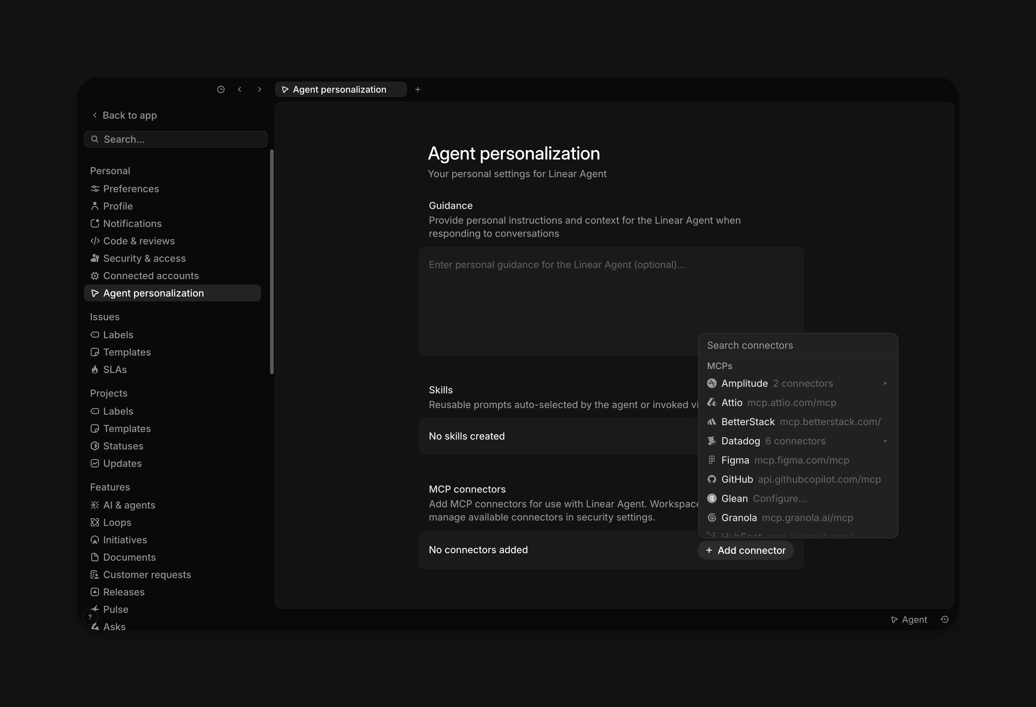 Agent personalization settings showing MCP connectors, No connectors added, and the Add connector picker open
