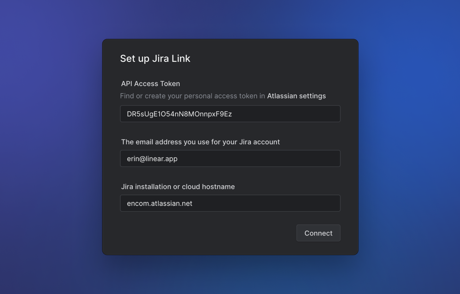 Setup dialog for configuring Jira Link on Linear.