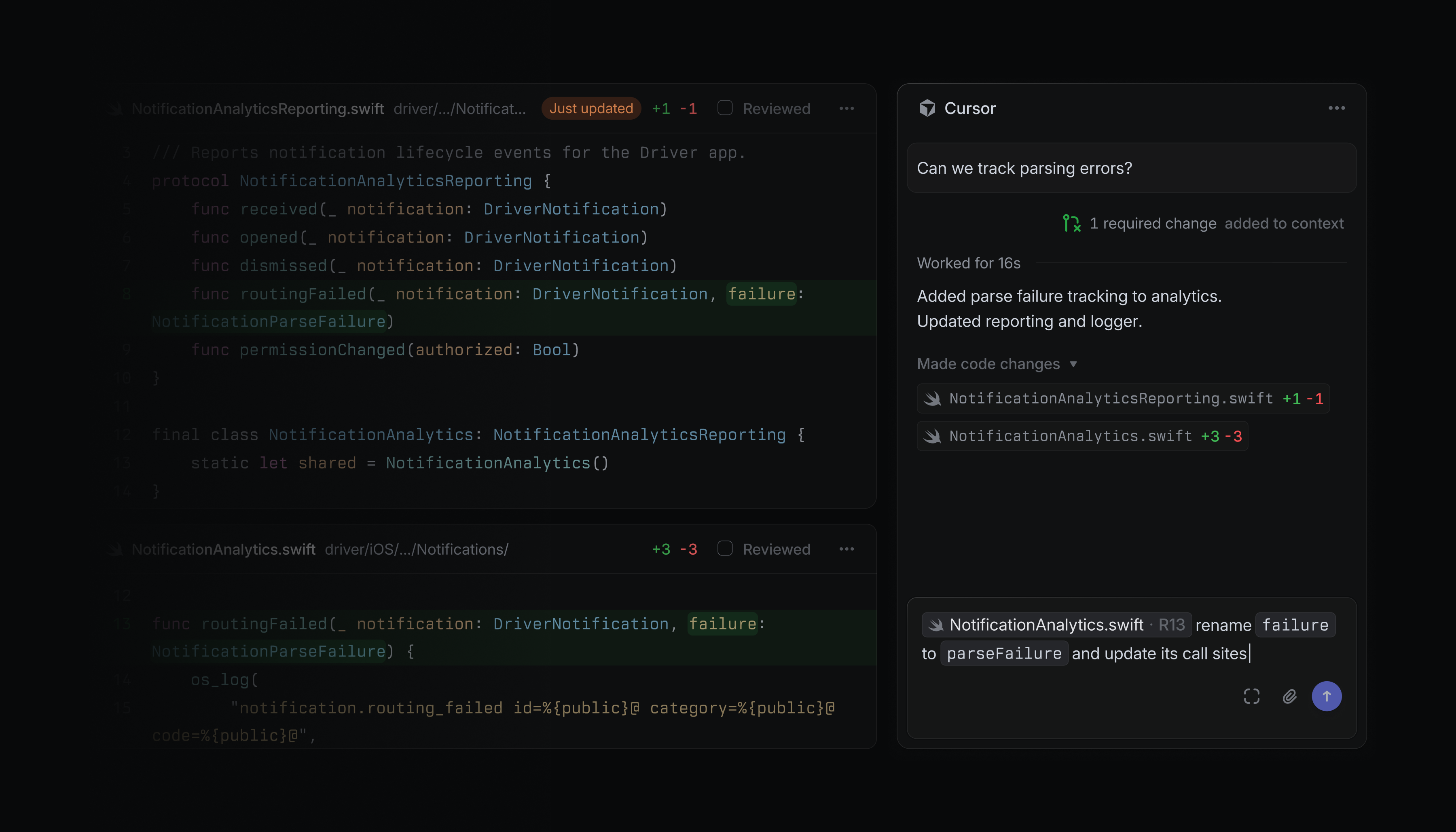 Making changes with agents in a diff
