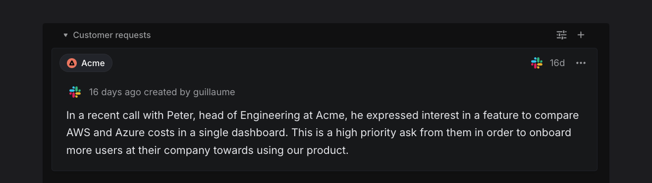 customer request being displayed under an issue in Linear