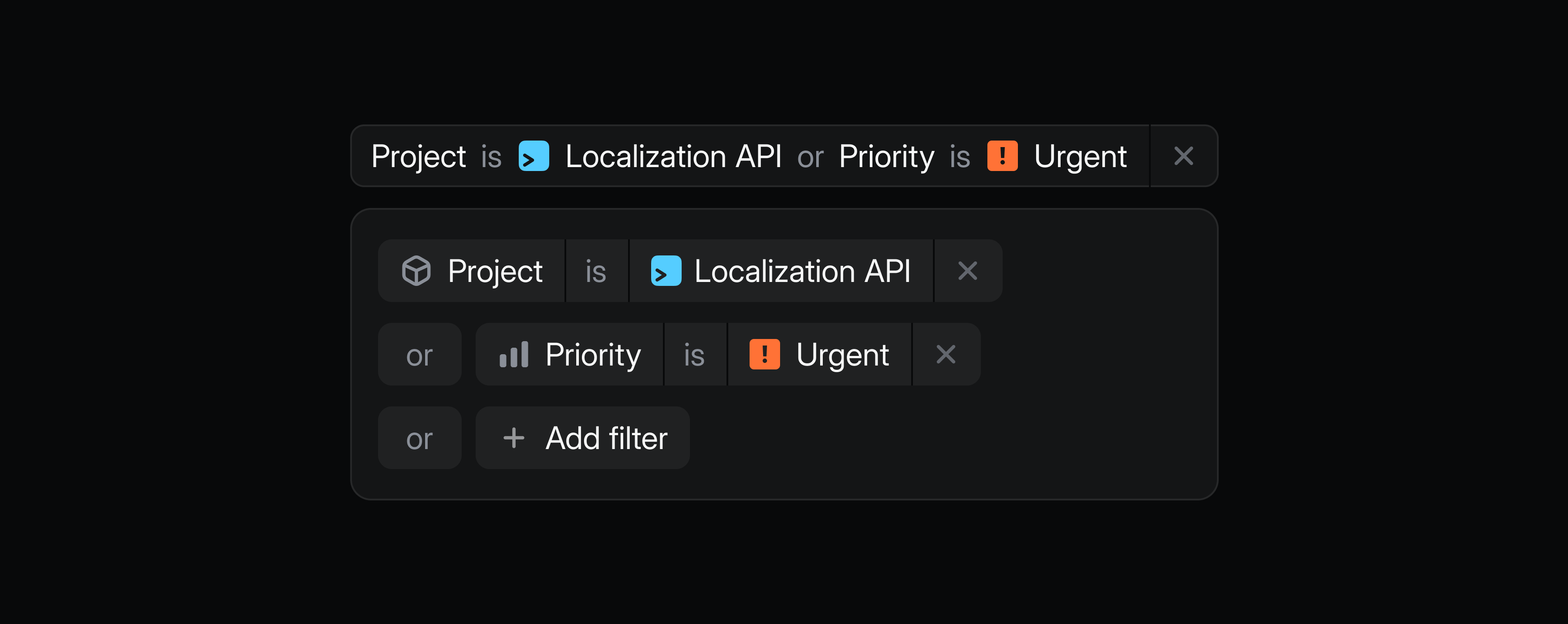 Shows advanced filter group defining an or condition