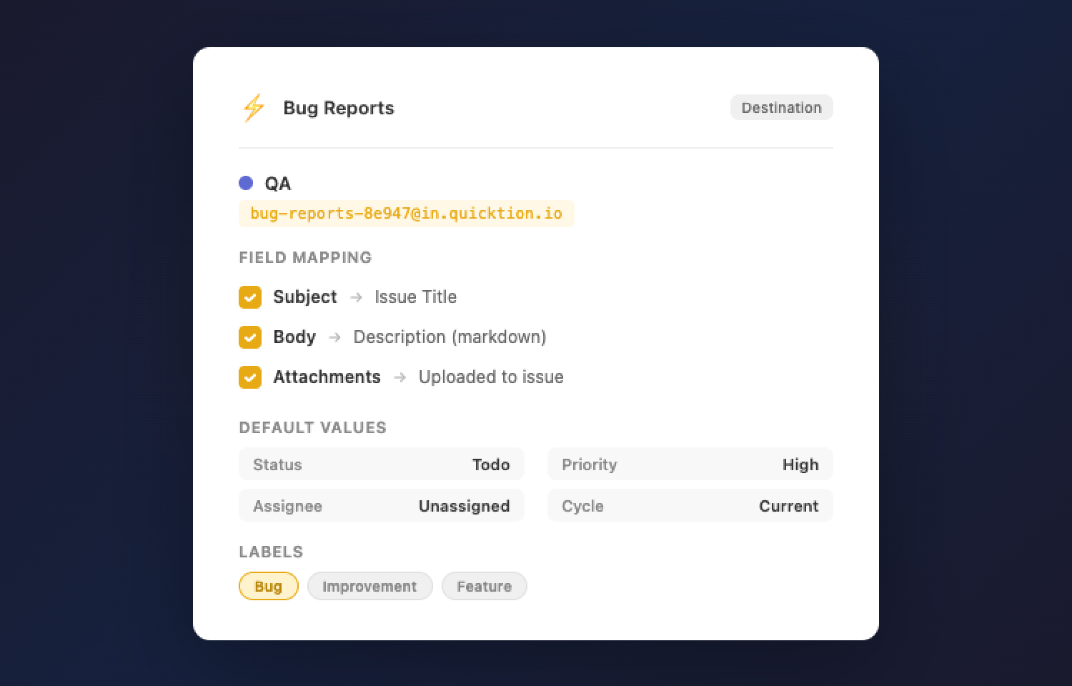 Configure team, status, priority, labels, and field mapping per destination