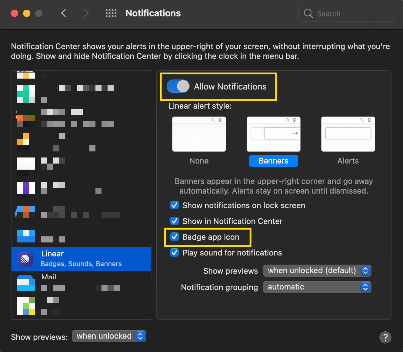 System preferences sho the allow notifications and badge app icon setting