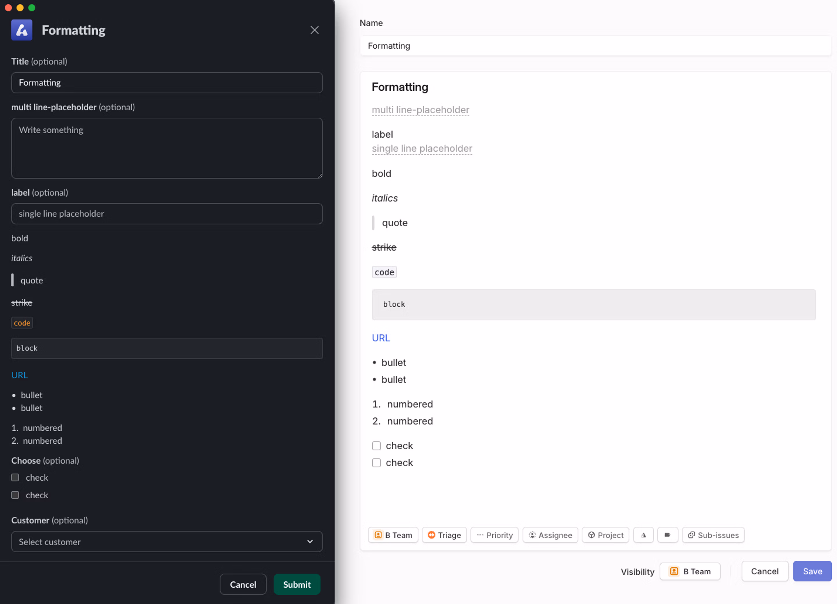 If you use a placeholder in a Linear template, other formatting renders in Slack