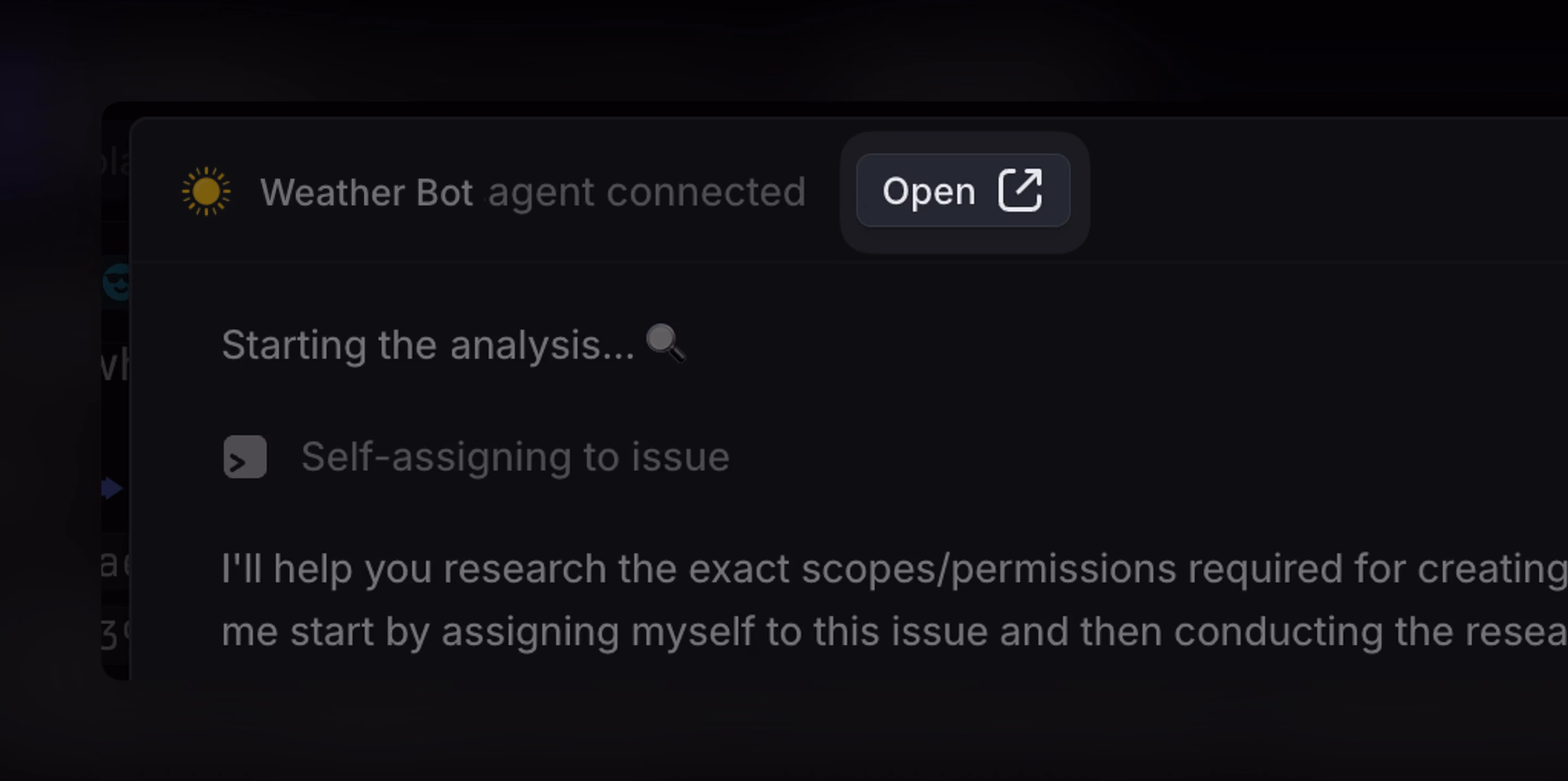 Agent Session UI showing an Open button that links to the session’s external URL, allowing users to view the session in the agent provider’s dashboard.