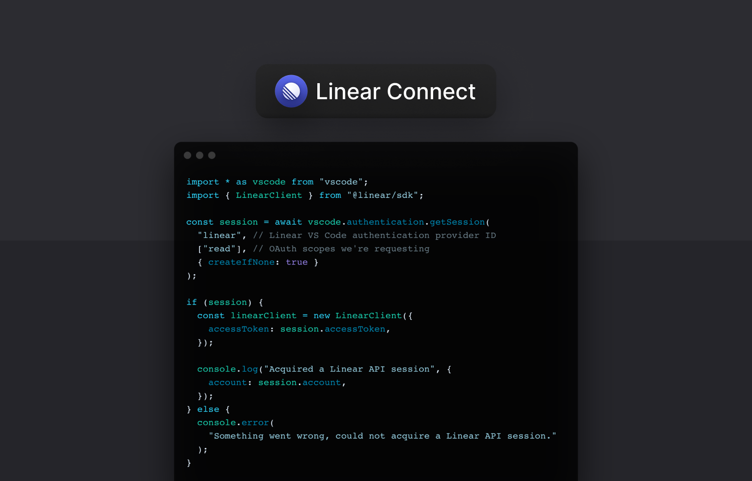 A TypeScript code snippet that uses the Linear authentication provider for VS Code