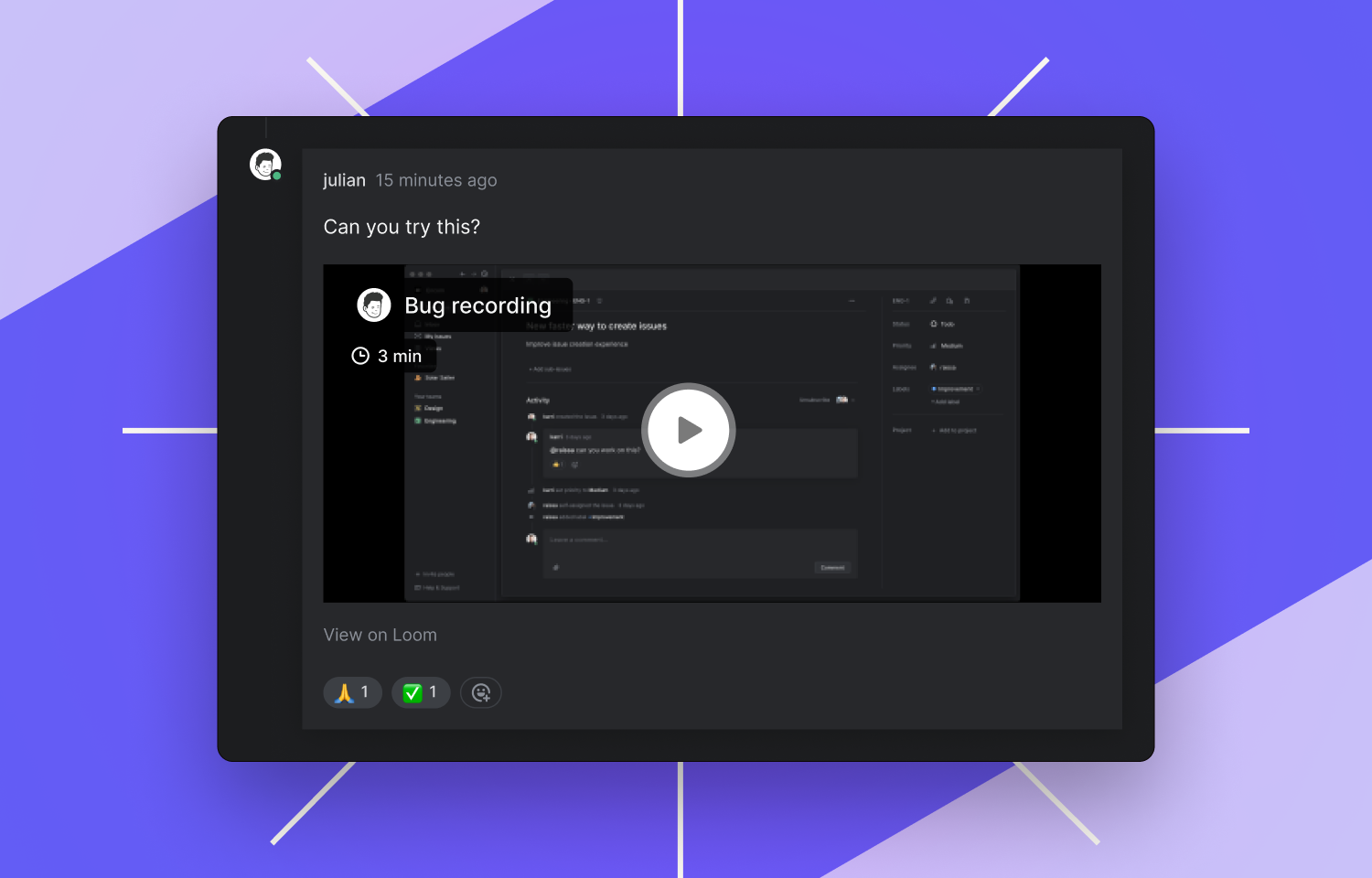 A Loom video titled "Bug recording" embedded in a Linear issue comment