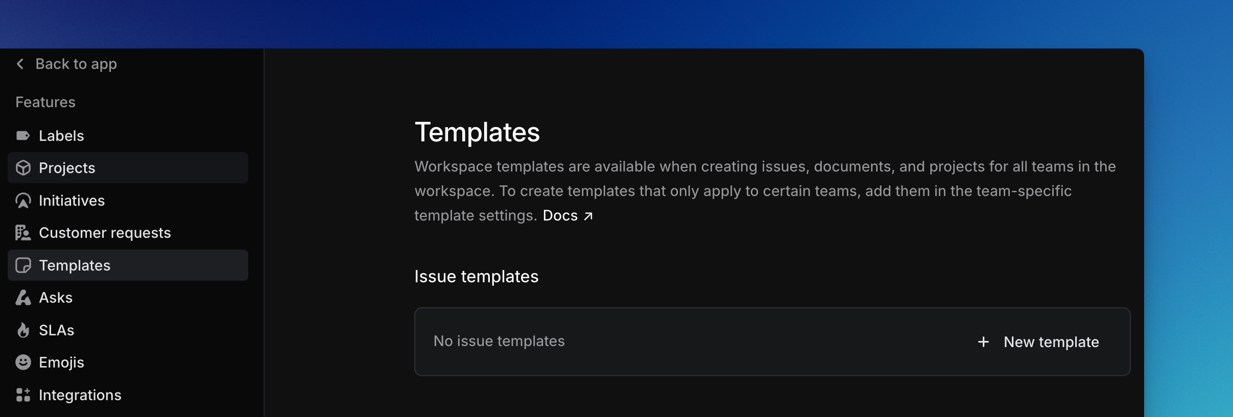 The settings page for Templates showing a button on how to create a template