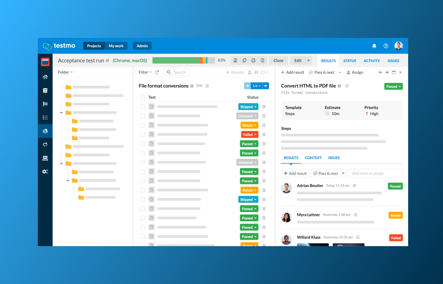 Testmo interface showing tests running