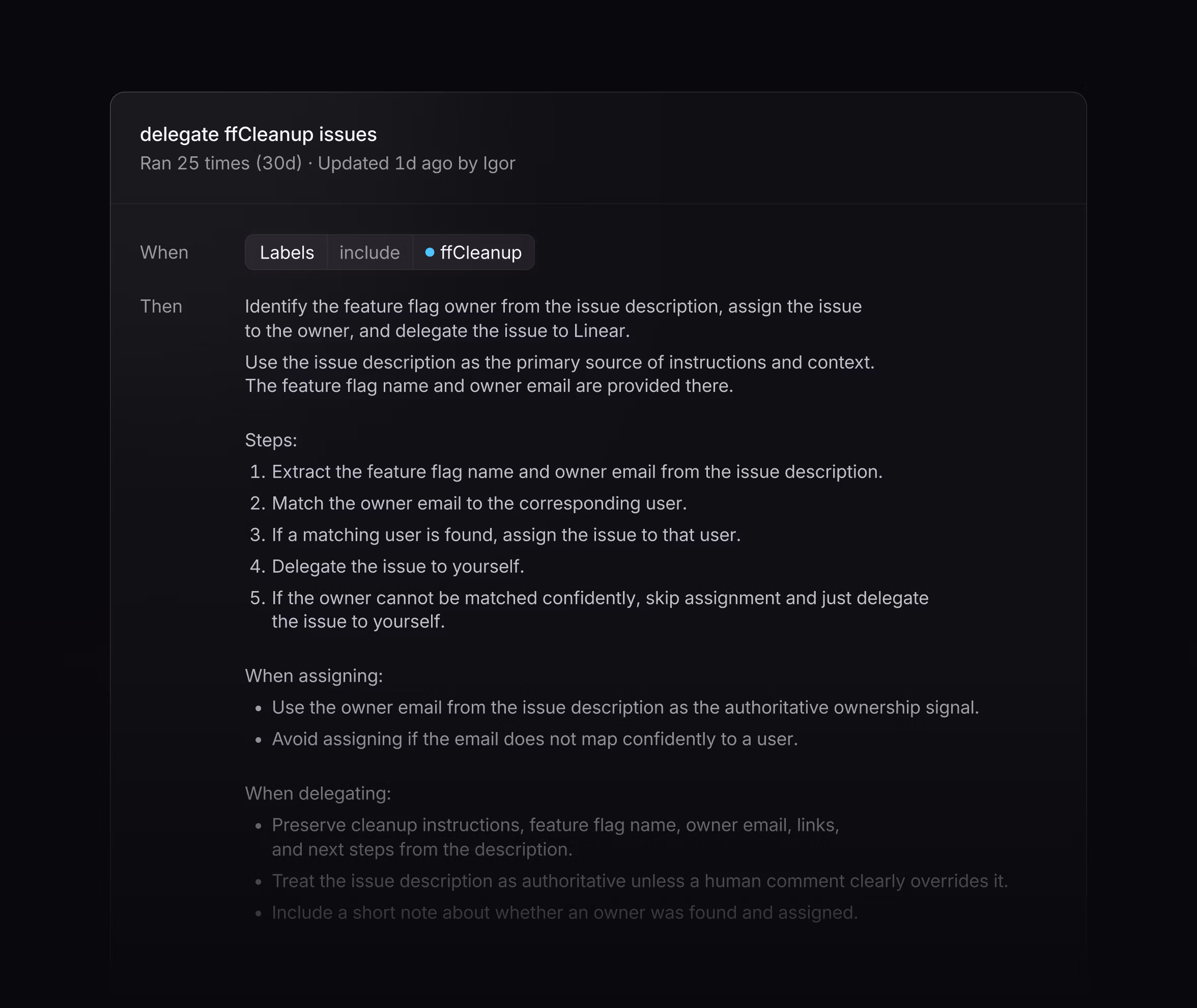 Linear UI showing a feature flag cleanup skill.
