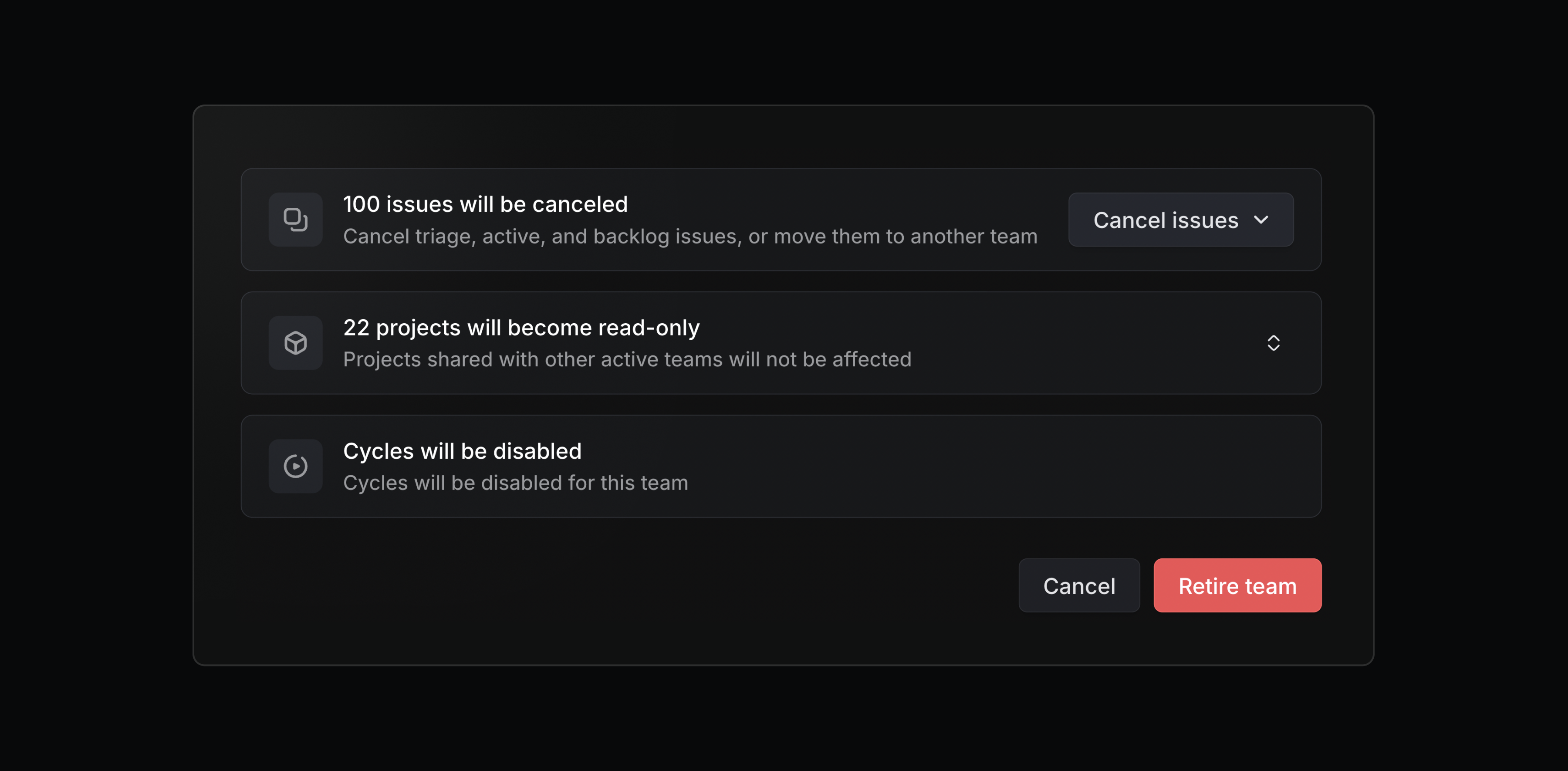 A confirmation dialog in Linear showing the impact of retiring a team, including canceled issues, read-only projects, and disabled cycles, with Cancel and Retire team buttons.