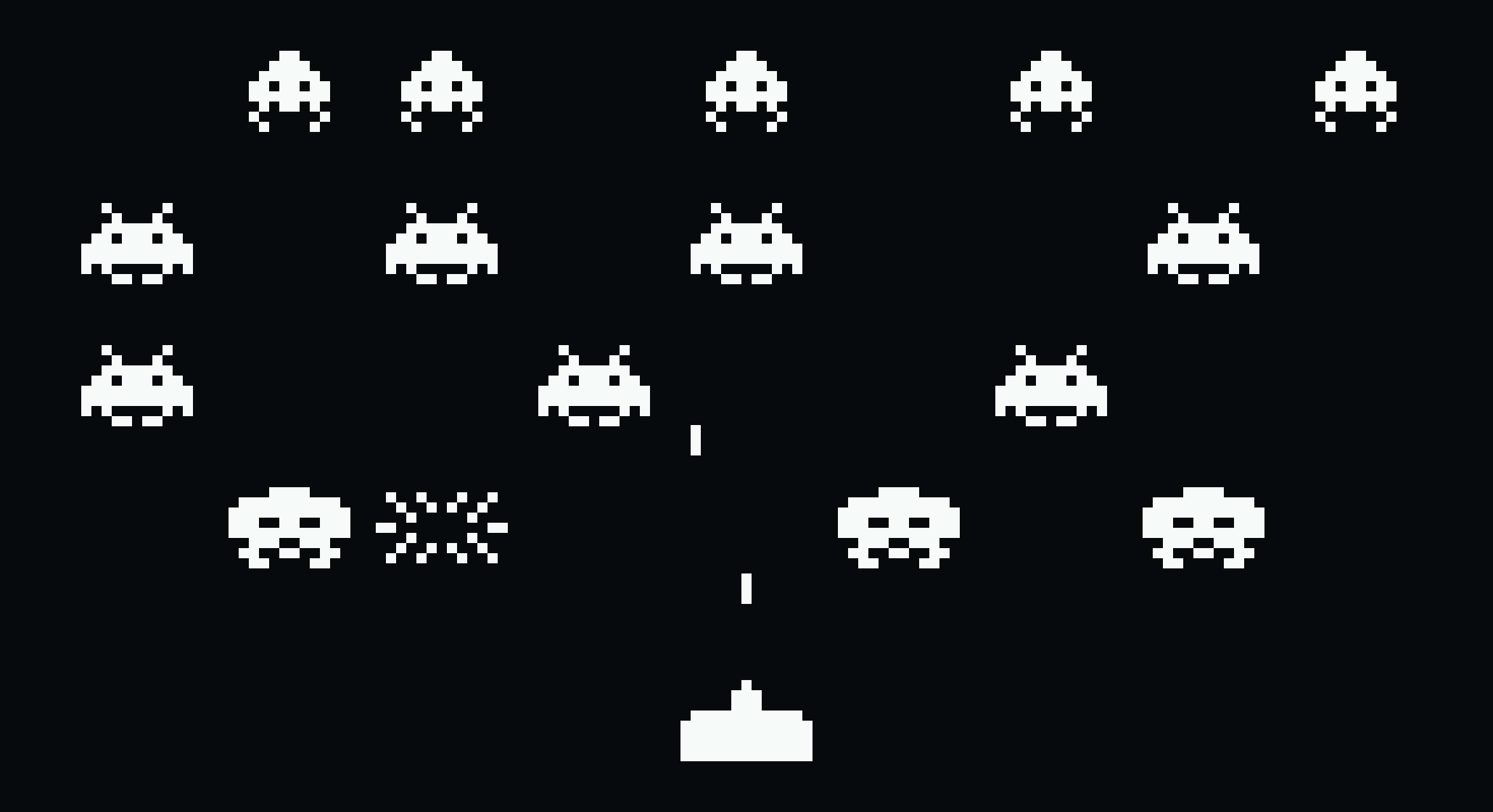 An old-school style rendering of an "asteroids" type game, conveying the idea of a little spaceship shooting bugs.