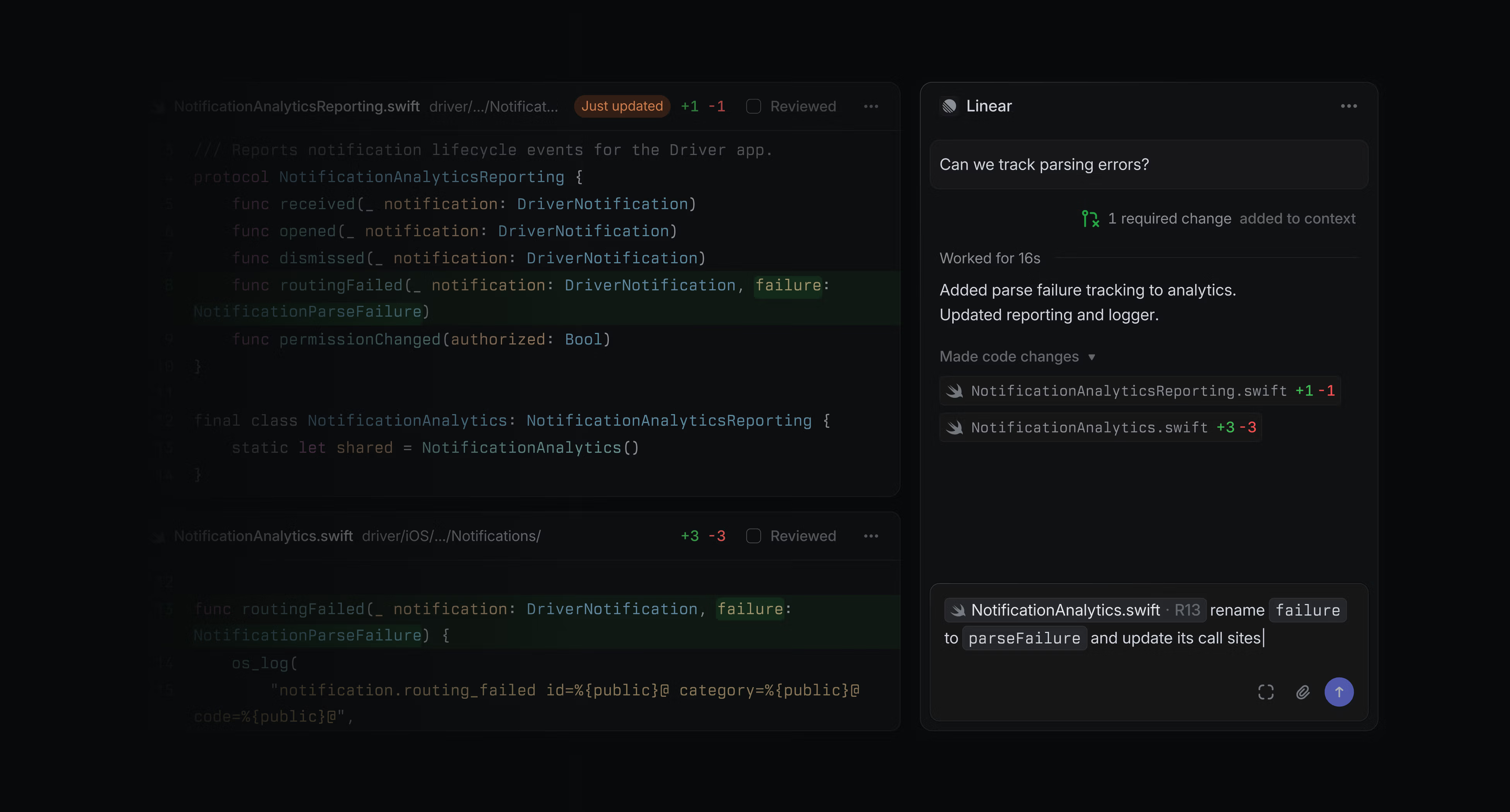 Natural language being used to alter a Diff in Linear.