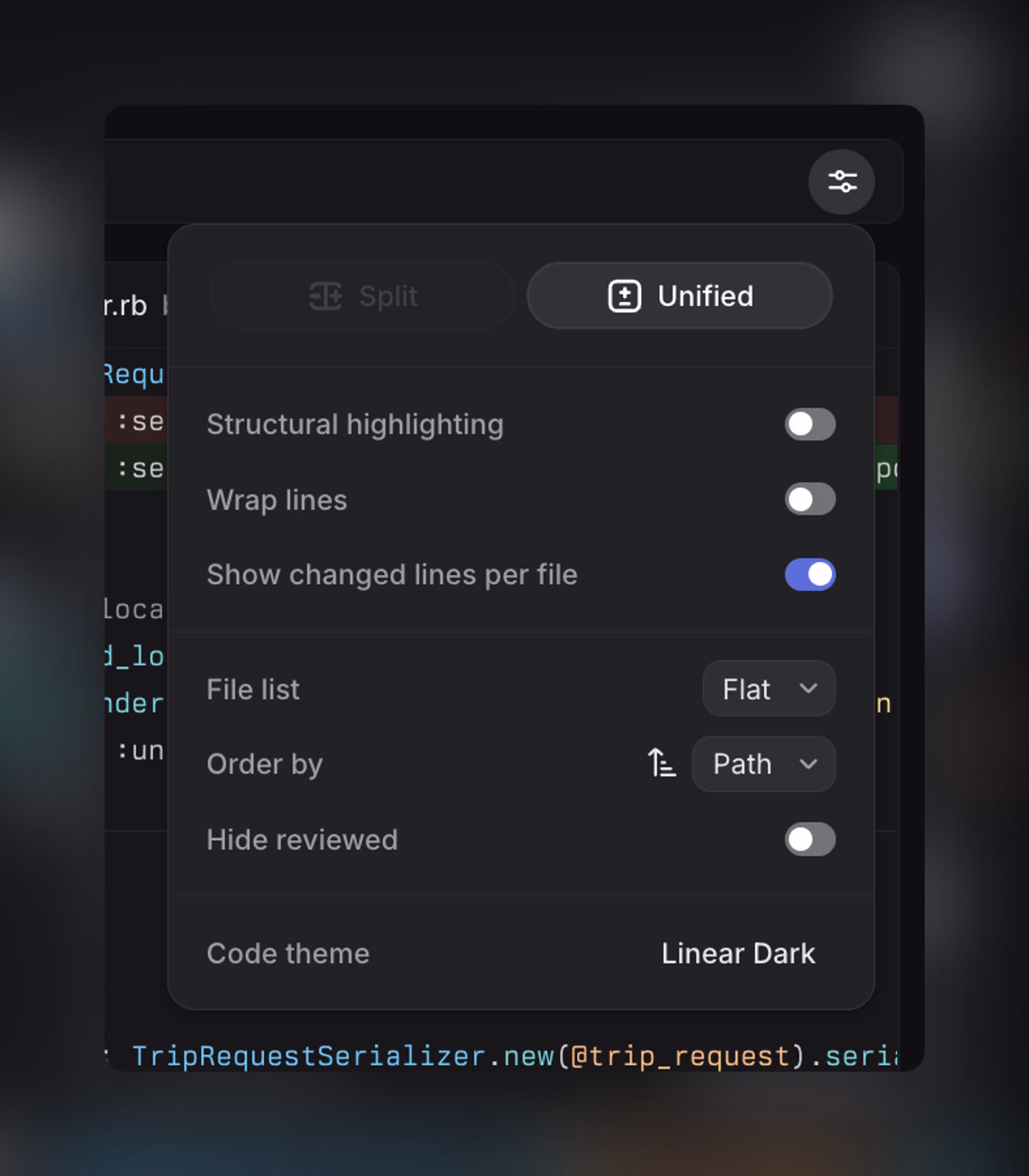 Unified and Split diff view options
