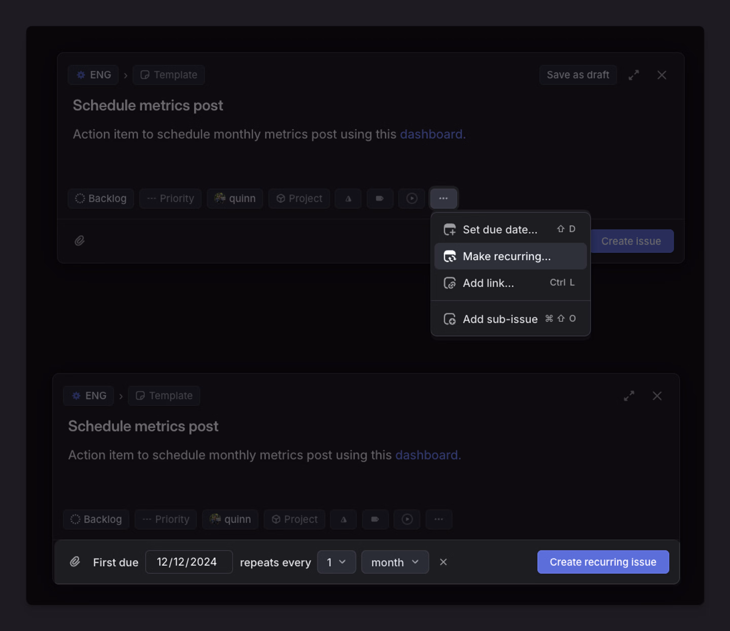 Creating a recurring issue from the issue composer