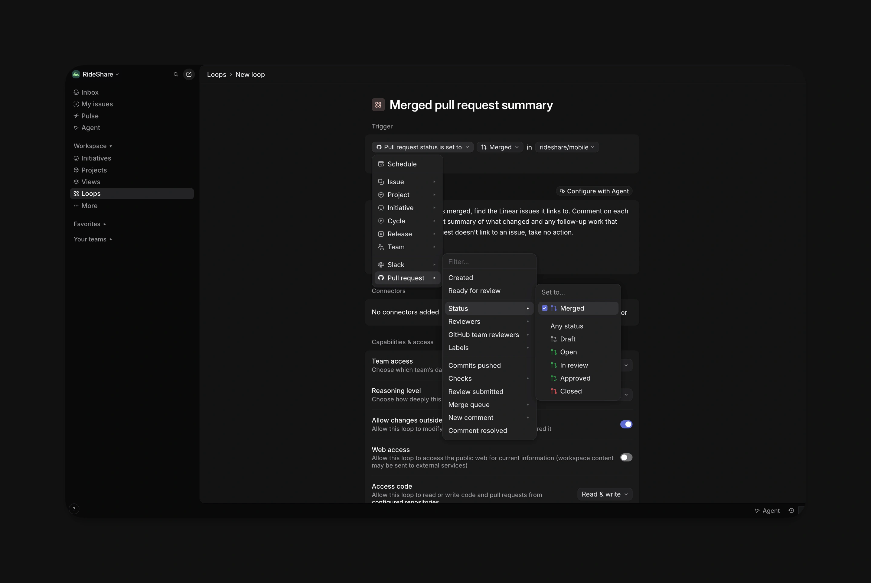 Loop trigger set to Pull request status is set to Merged in rideshare/mobile, with instructions to comment on linked issues when a pull request is merged