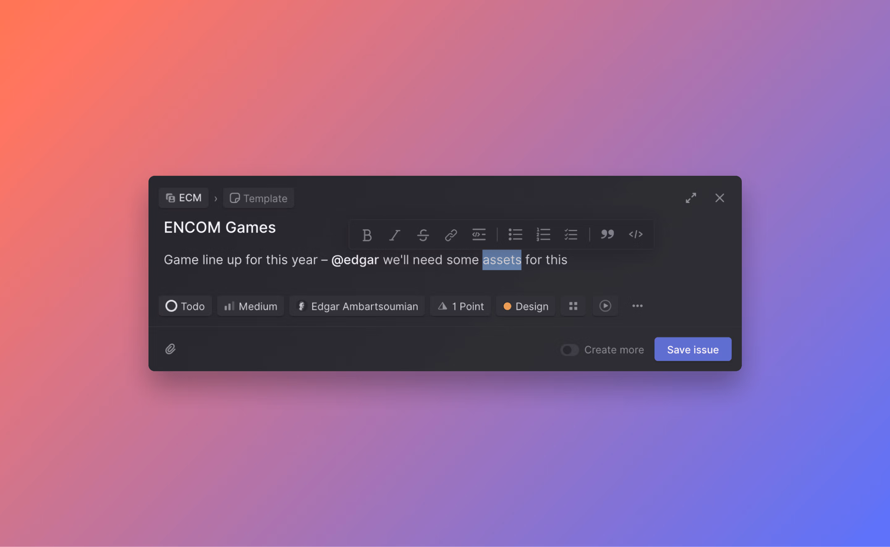 Linear app showing the create issue modal with formatting options
