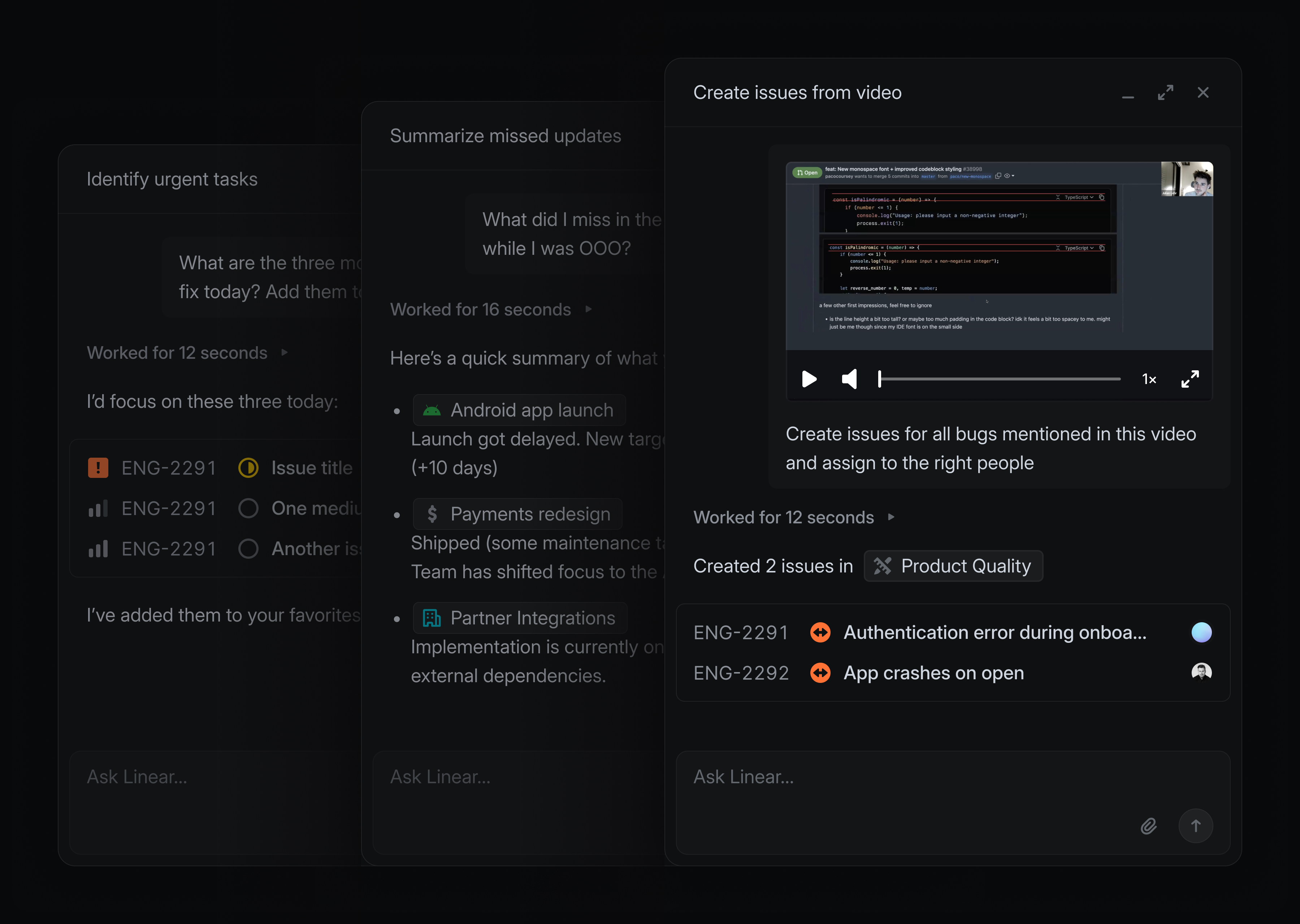 Inline agent session examples, creating issues from an uploaded video