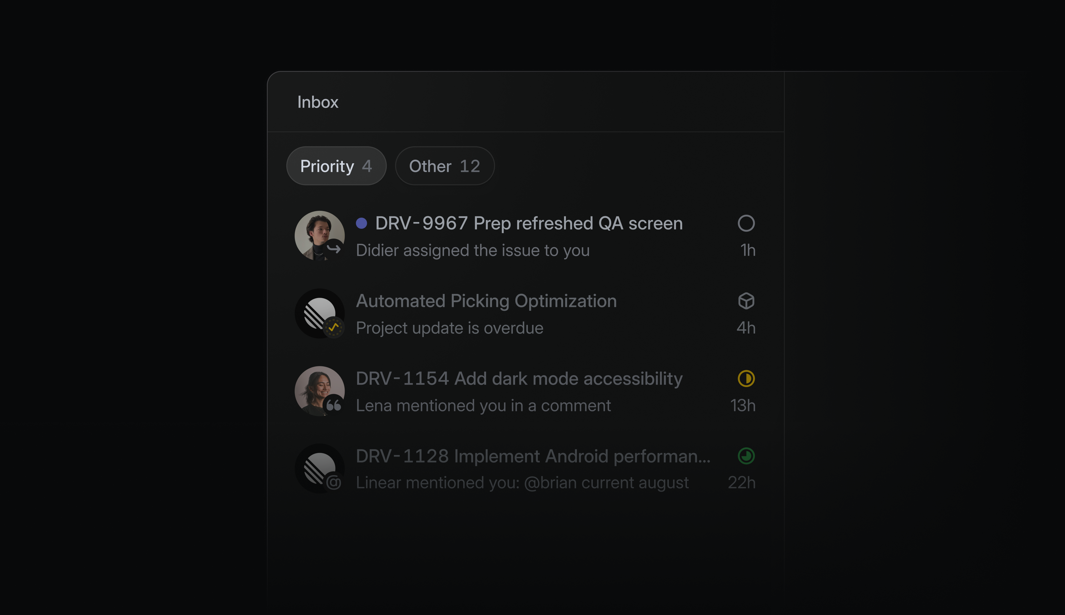 Linear Inbox in dark mode, showing Priority and Other tabs with several notifications about issue assignments, project updates, comments, and mentions.