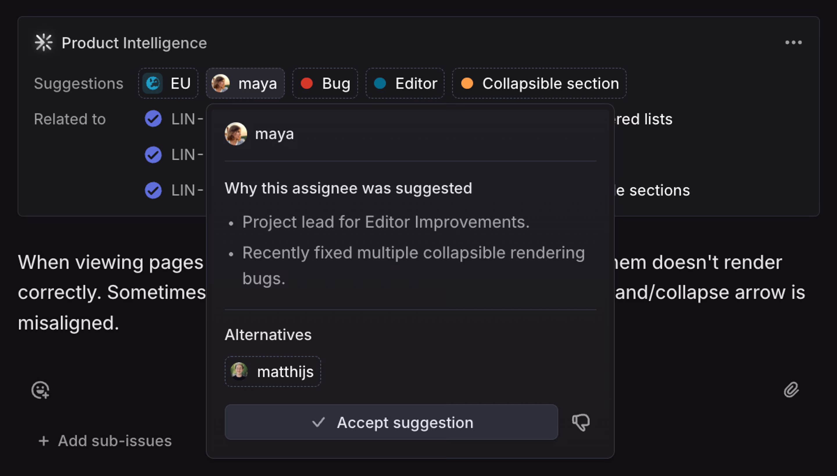 Assignee suggestion detail explaining why the suggestion was made